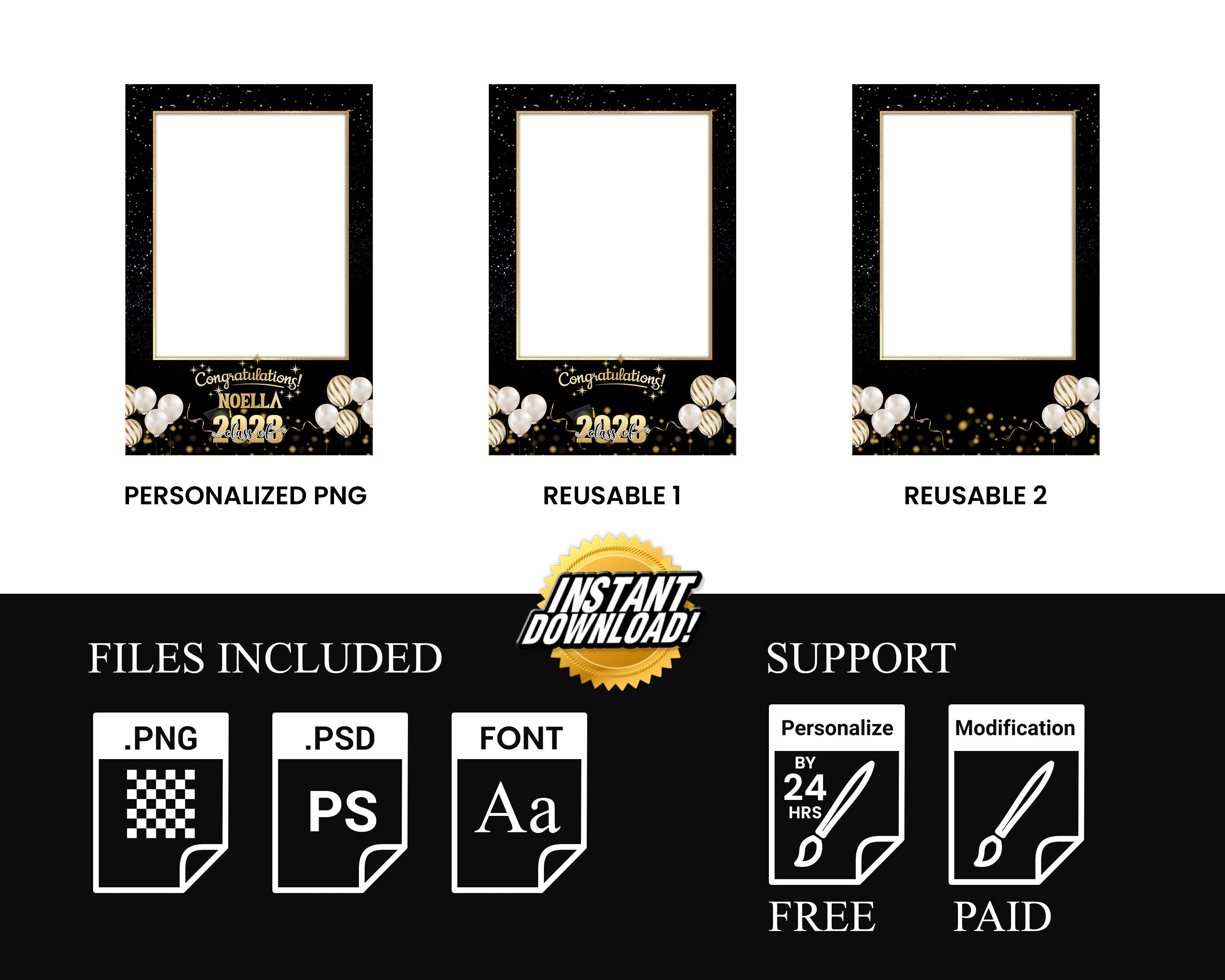 Graduation Photobooth Template, Class of Photo Booth Template, Mirror Booth, 360 Overlay, Golden Prom and Editable Template