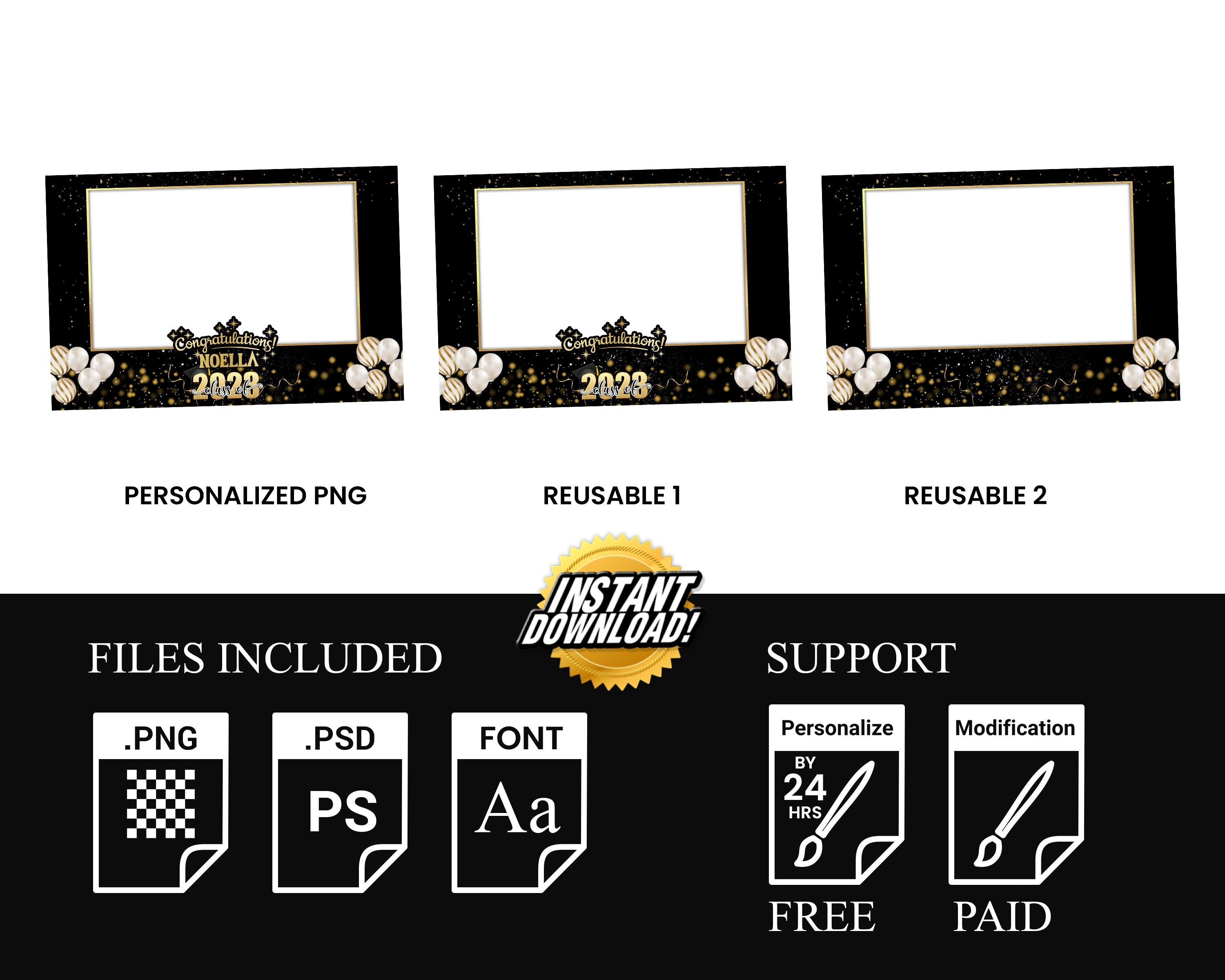 Class of 2023 Black & Gold Graduation Photobooth Template Stylish Elegant 4x6 Landscape Single photo mirror booth template photo booth PSD