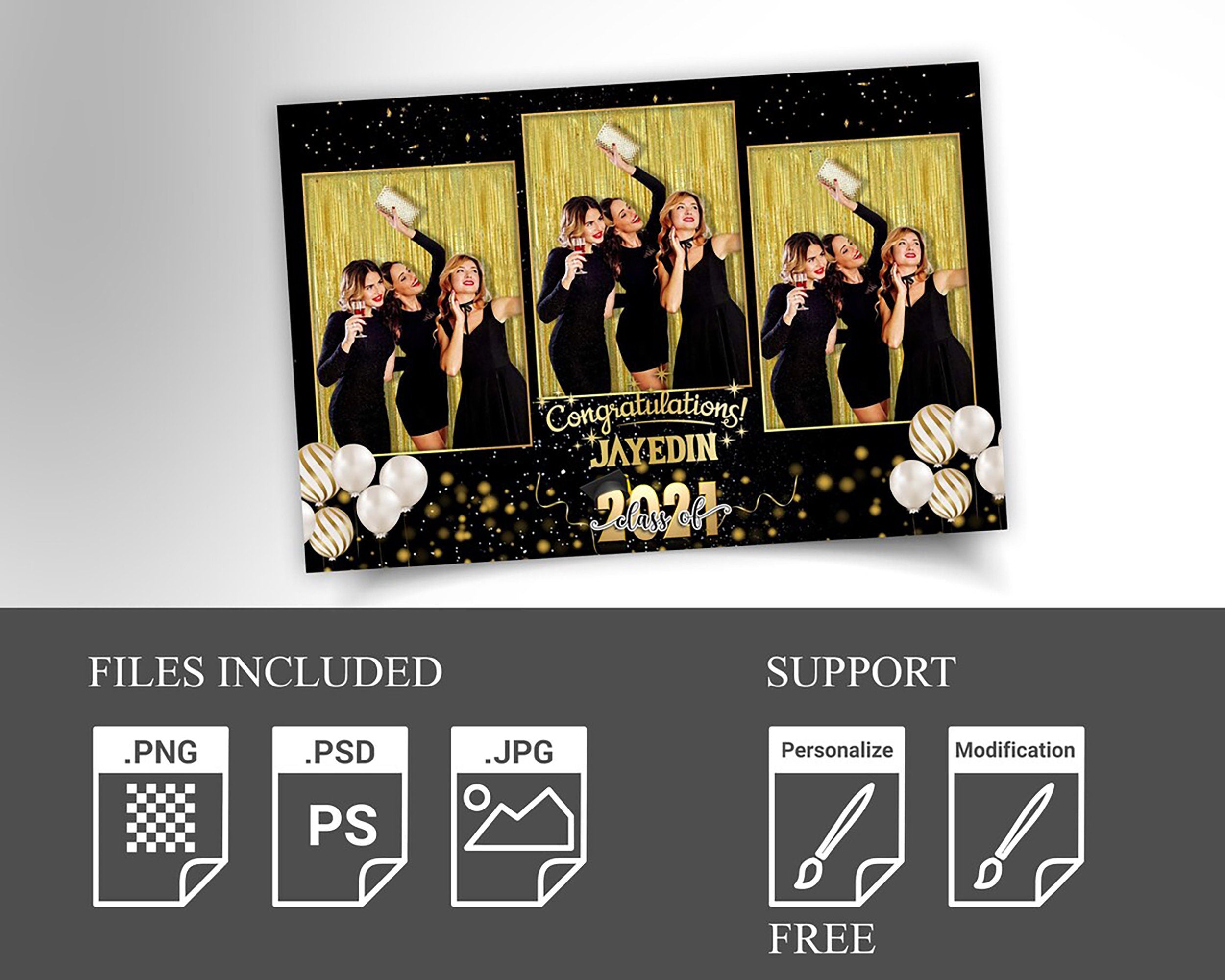 Class of 2023 Black & Gold Graduation Photobooth Template Stylish Elegant 4x6 Mirror Booth Triple shot photo booth template PSD PNG Fonts