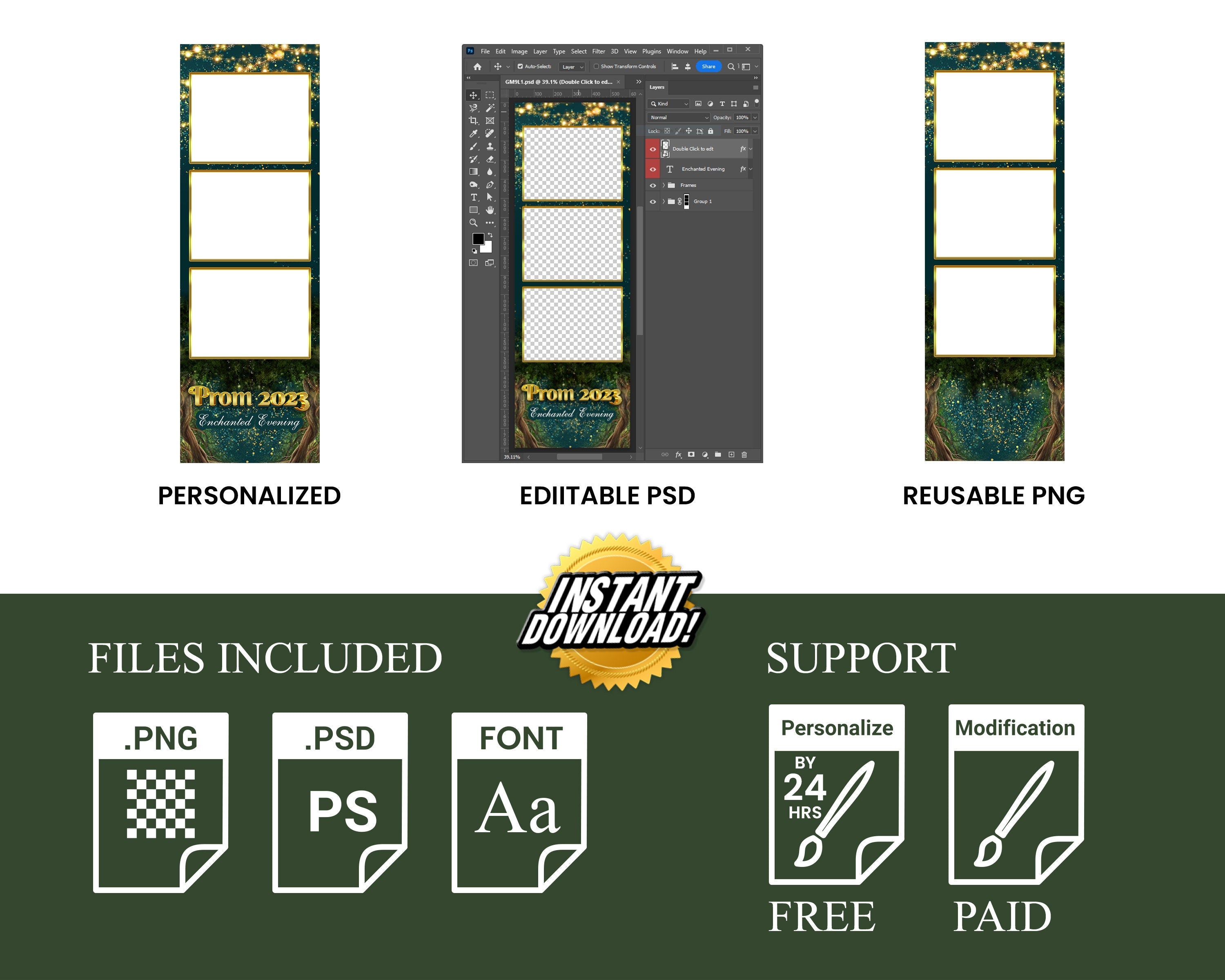 Enchanted Forest Prom 2024 Photobooth Template 2x6 stripe 3 photo Class of 2024 Graduation Photo booth Template Green PSD PNG Editable