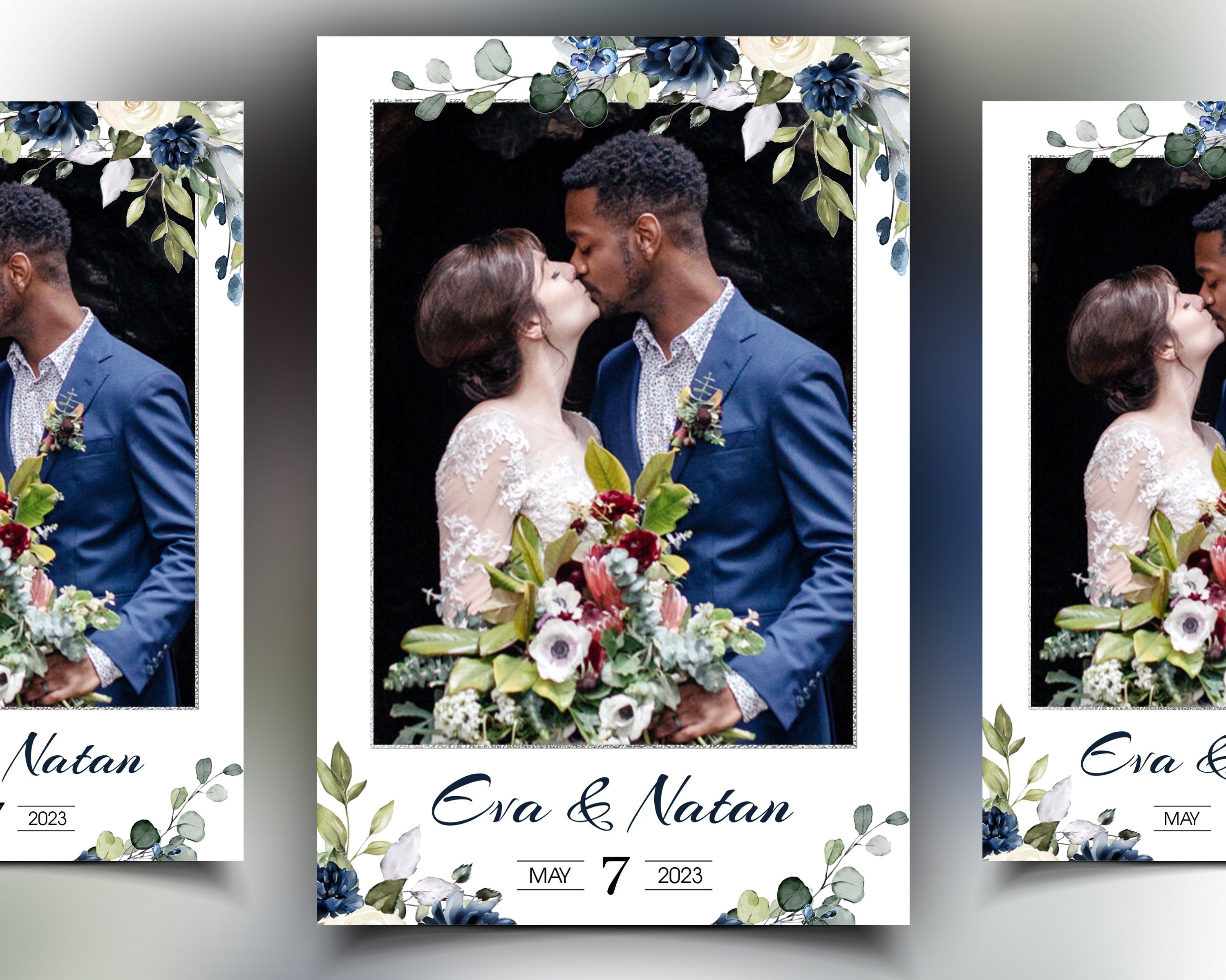 Wedding Anniversary Photobooth template 4x6 Mirror Booth Floral Blue flowers Silver and greenery photo booth Portrait template
