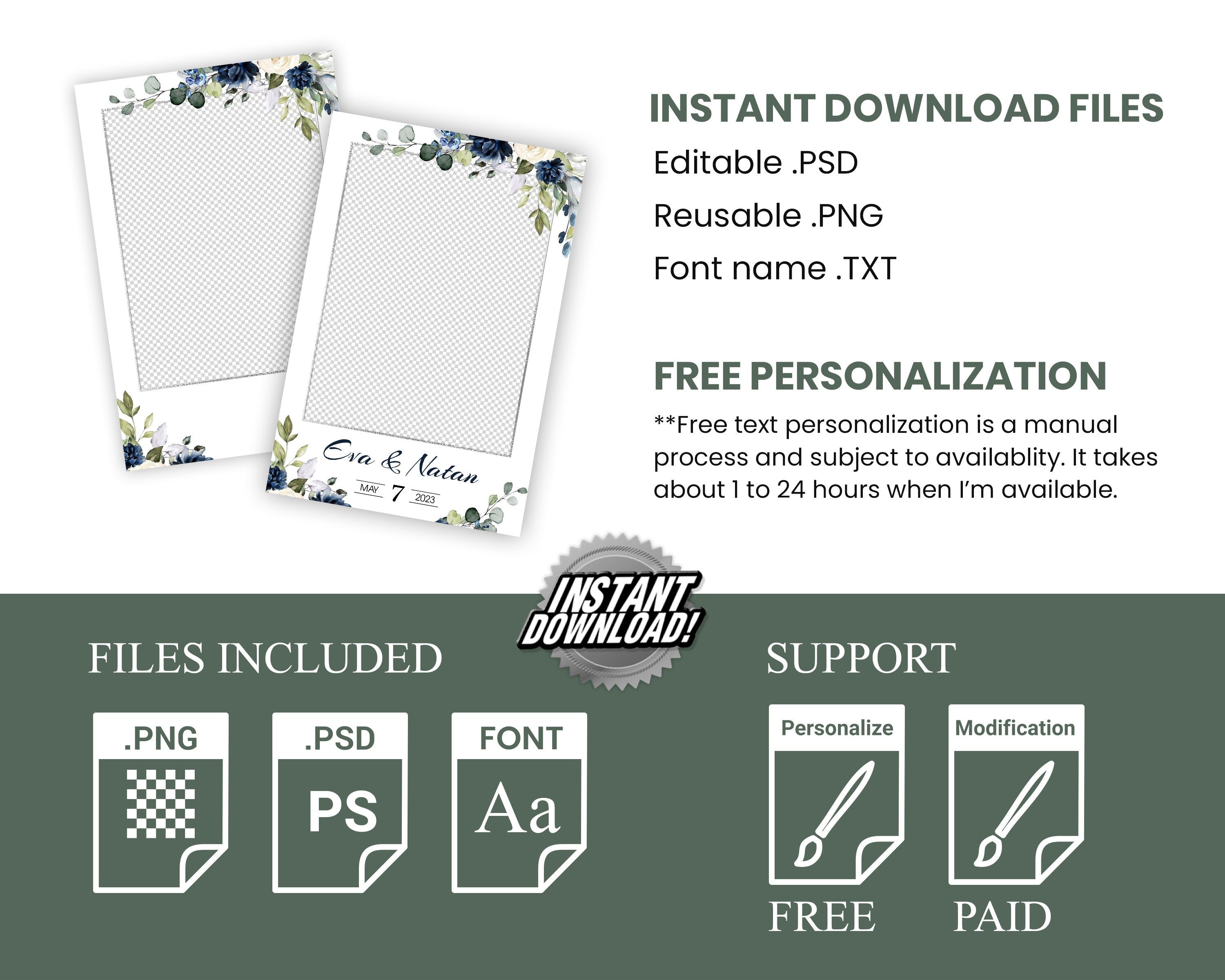 Wedding Anniversary Photobooth template 4x6 Mirror Booth Floral Blue flowers Silver and greenery photo booth Portrait template