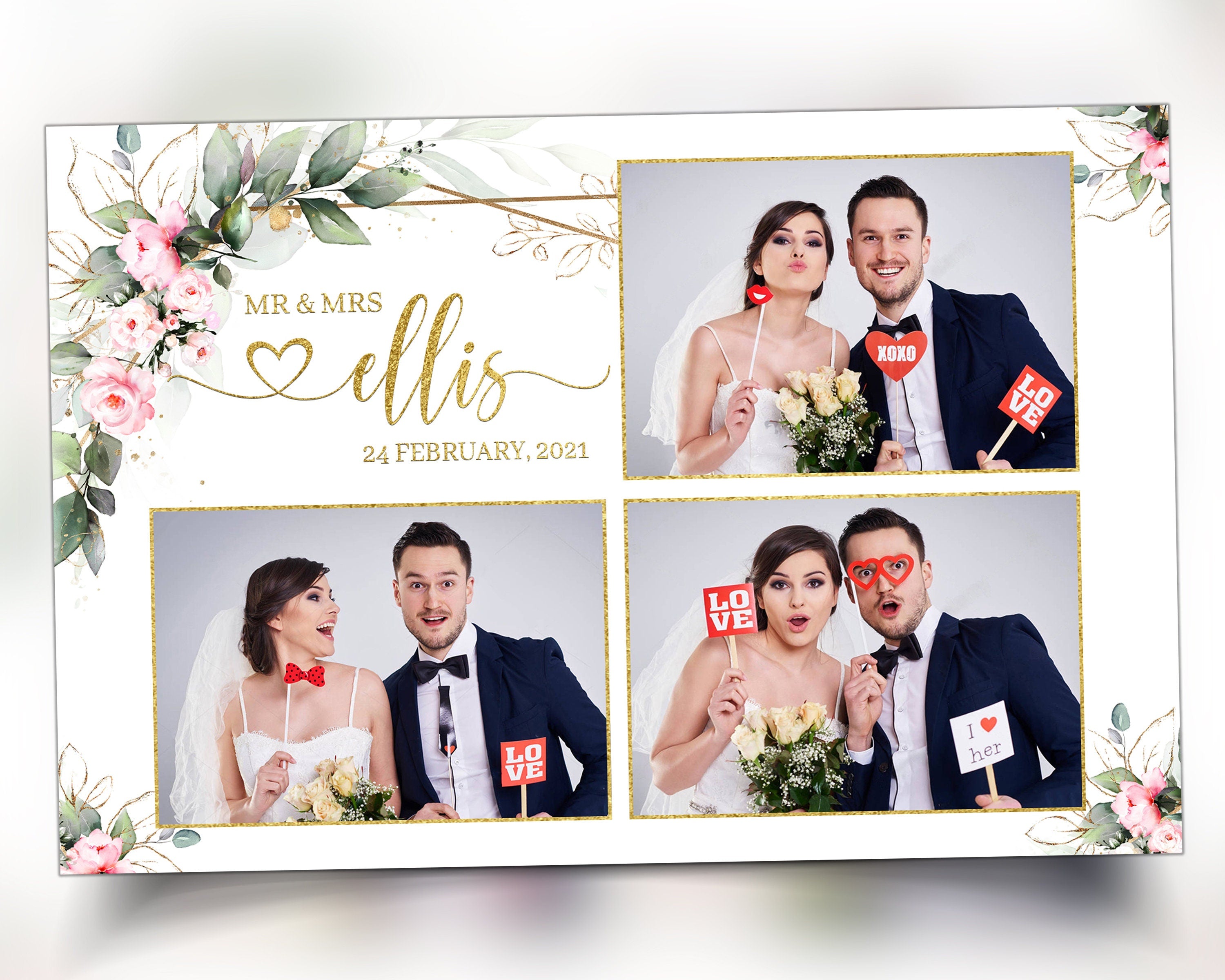 Wedding Photobooth template, Anniversary Photo Booth Template, Greenery with Pink Flowers, Bridal Shower Floral Overlay, 683