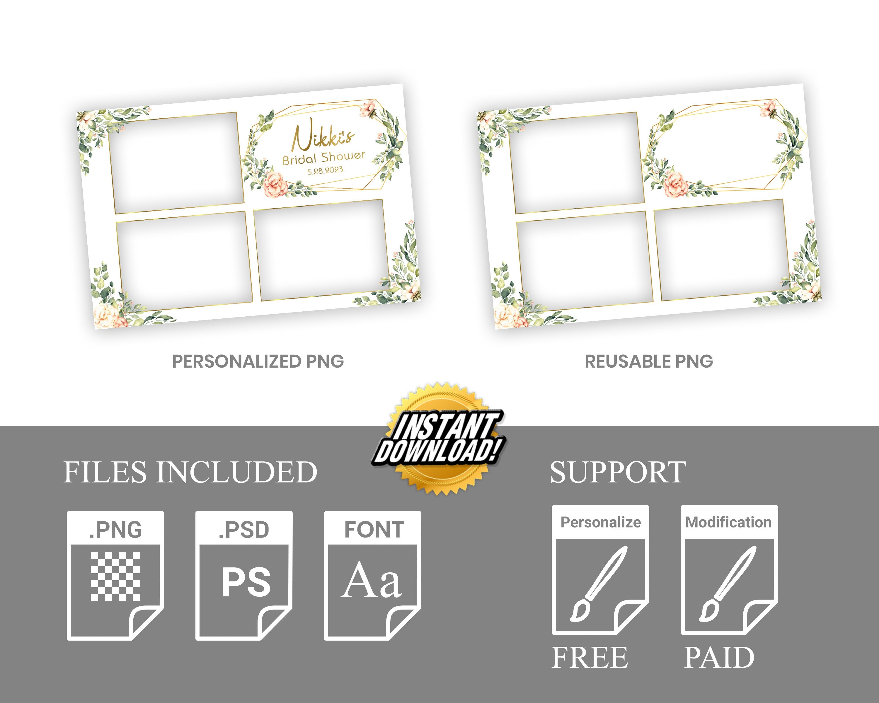 Photo Booth Template Wedding Bridal Shower Greenery Sweet 16 Floral Anniversary 4x6 Photobooth Template