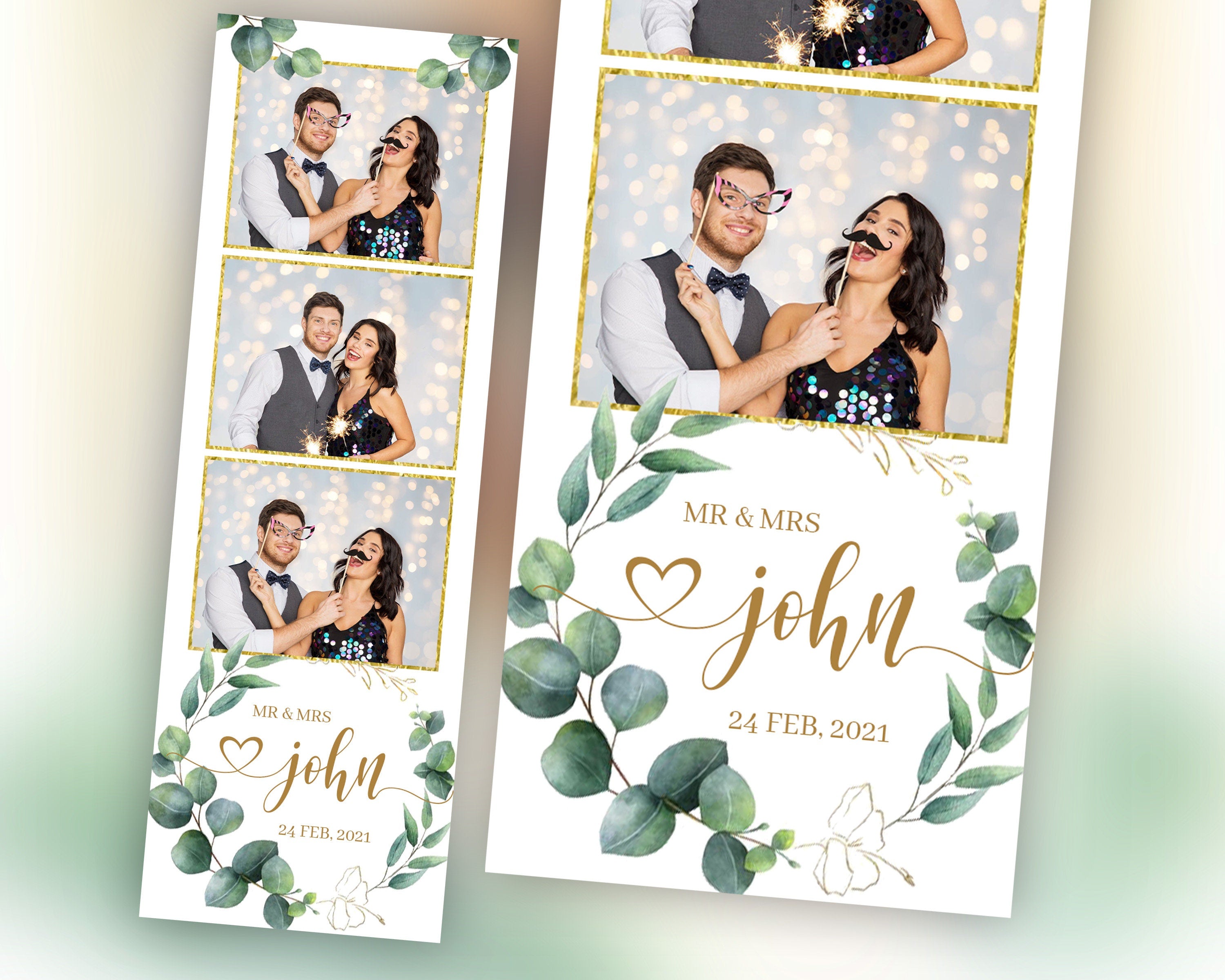 Wedding Photobooth template 2x6 strip with greenery eucalyptus wreath leaves elegant minimal greenery photo booth editable template