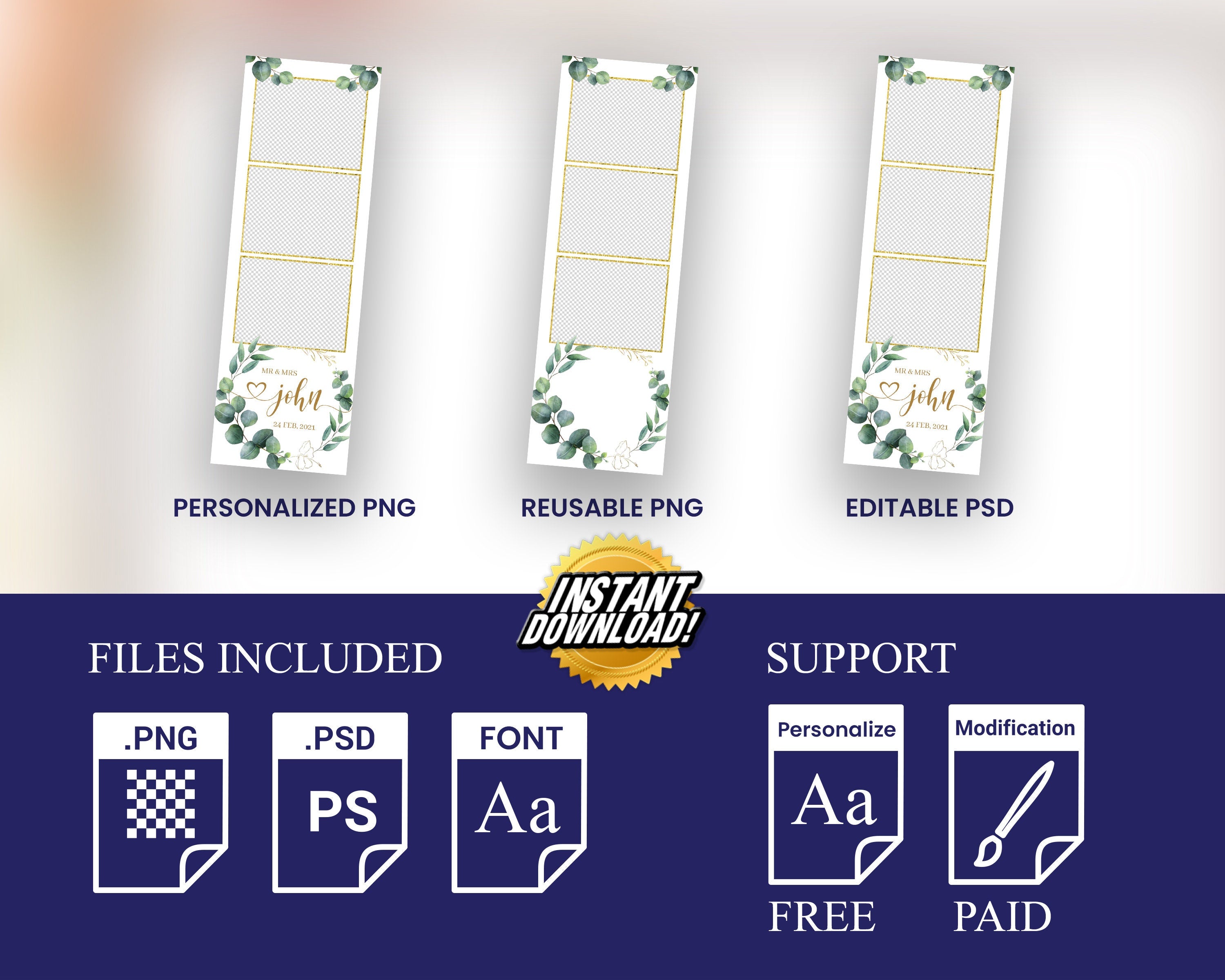 Wedding Photobooth template 2x6 strip with greenery eucalyptus wreath leaves elegant minimal greenery photo booth editable template