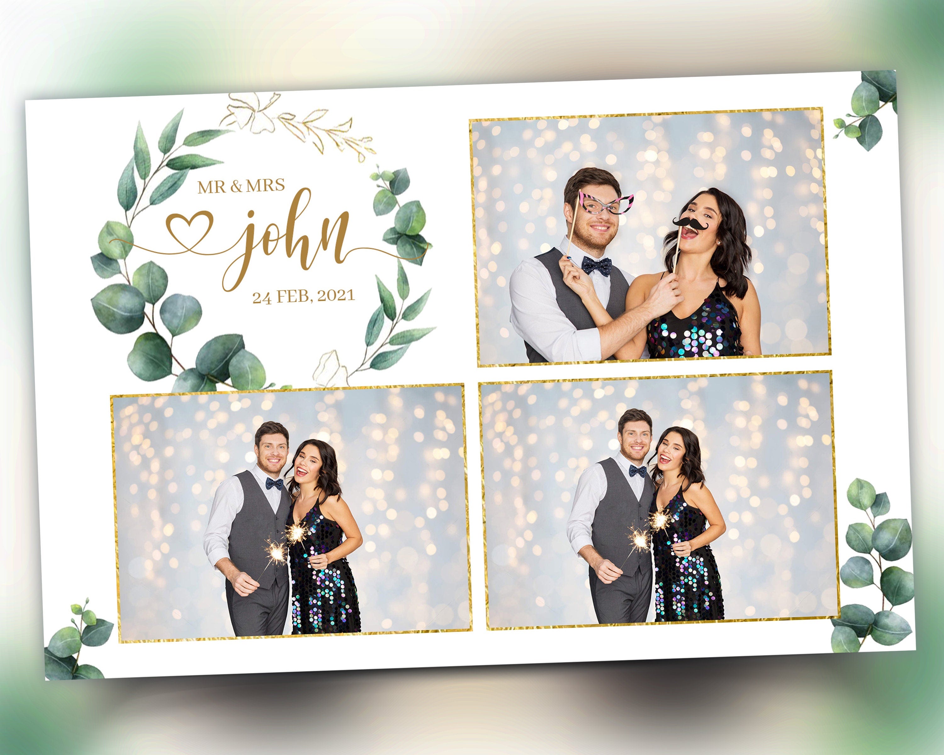 Wedding Photobooth template 4x6 postcard 3 photo greenery eucalyptus wreath leaves elegant greenery photo booth editable template PSD PNG
