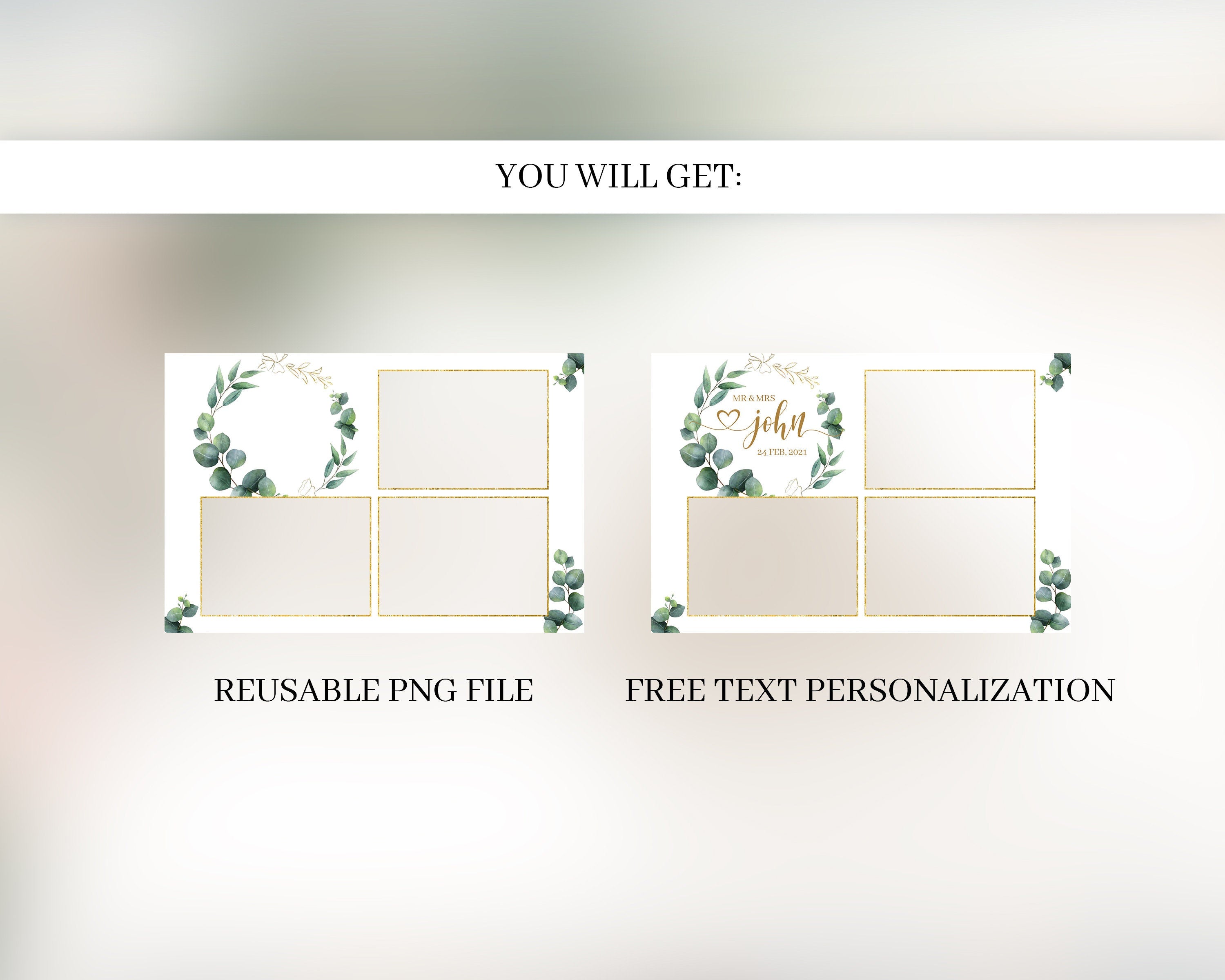 Wedding Photobooth template 4x6 postcard 3 photo greenery eucalyptus wreath leaves elegant greenery photo booth editable template PSD PNG