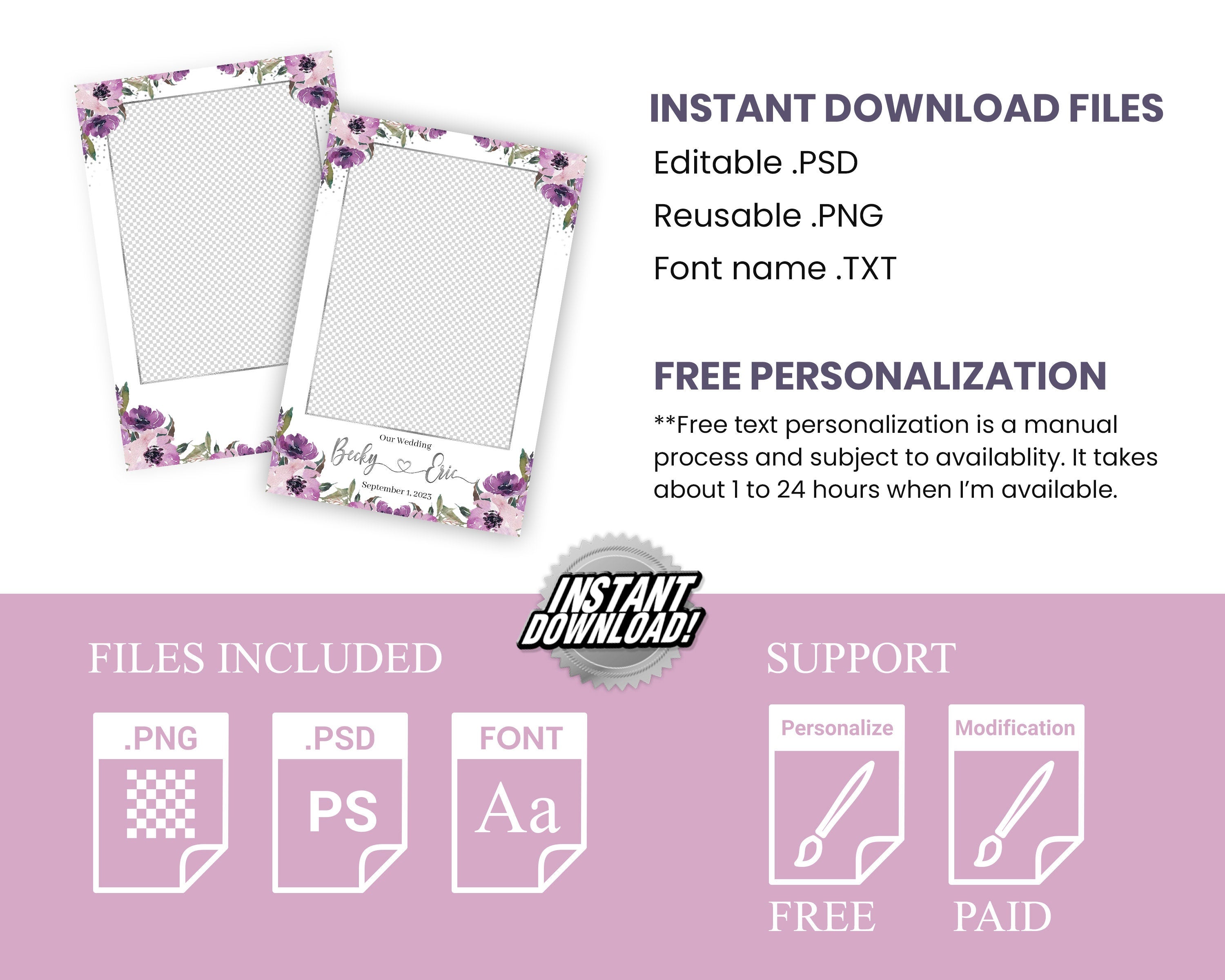 Wedding Anniversary Photobooth template with Floral blush flowers purple and greenery Mirror photo booth template Mirrorbooth