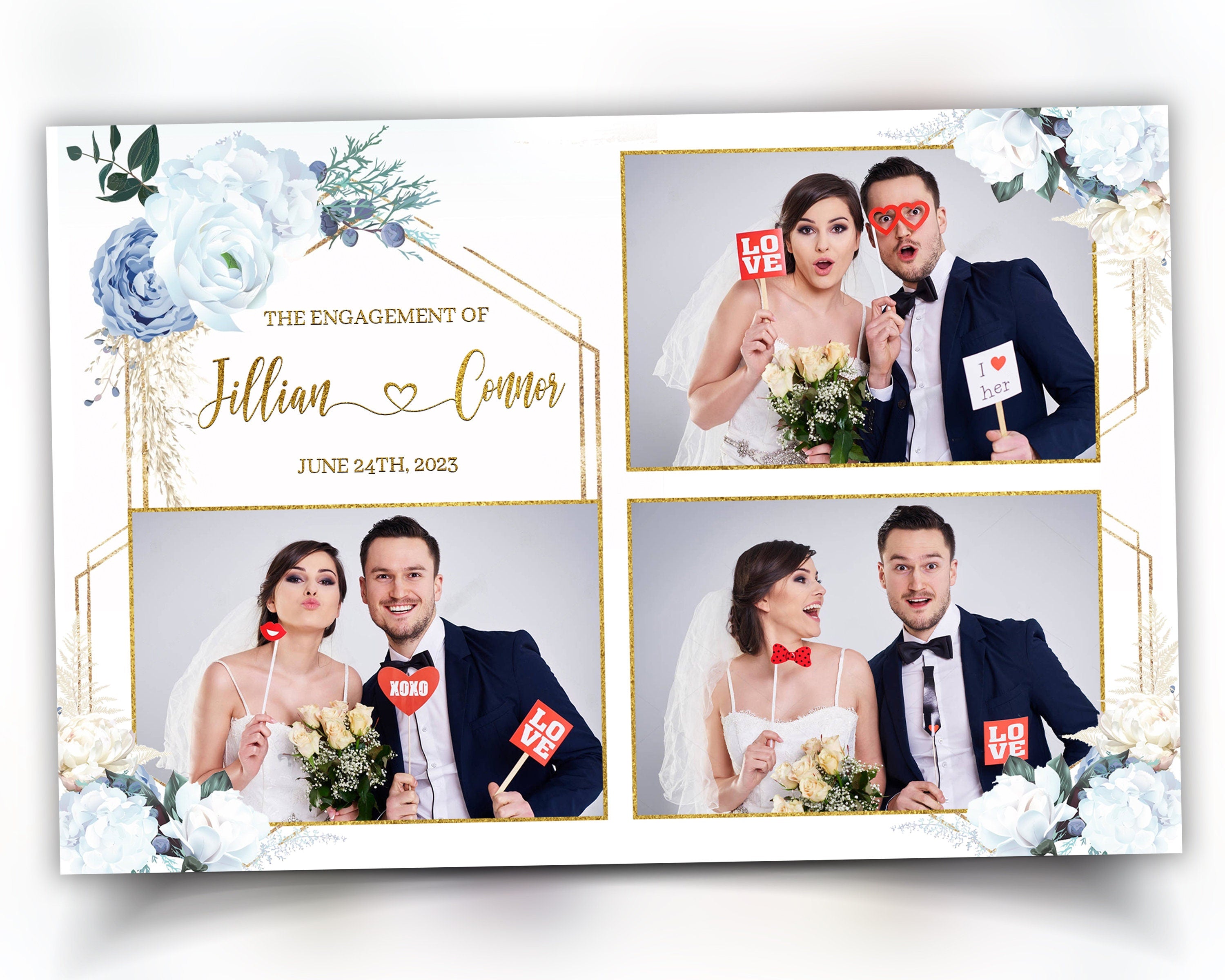 Wedding Photobooth template 4x6 3 photo with Blue Floral blush flowers and greenery photo booth template