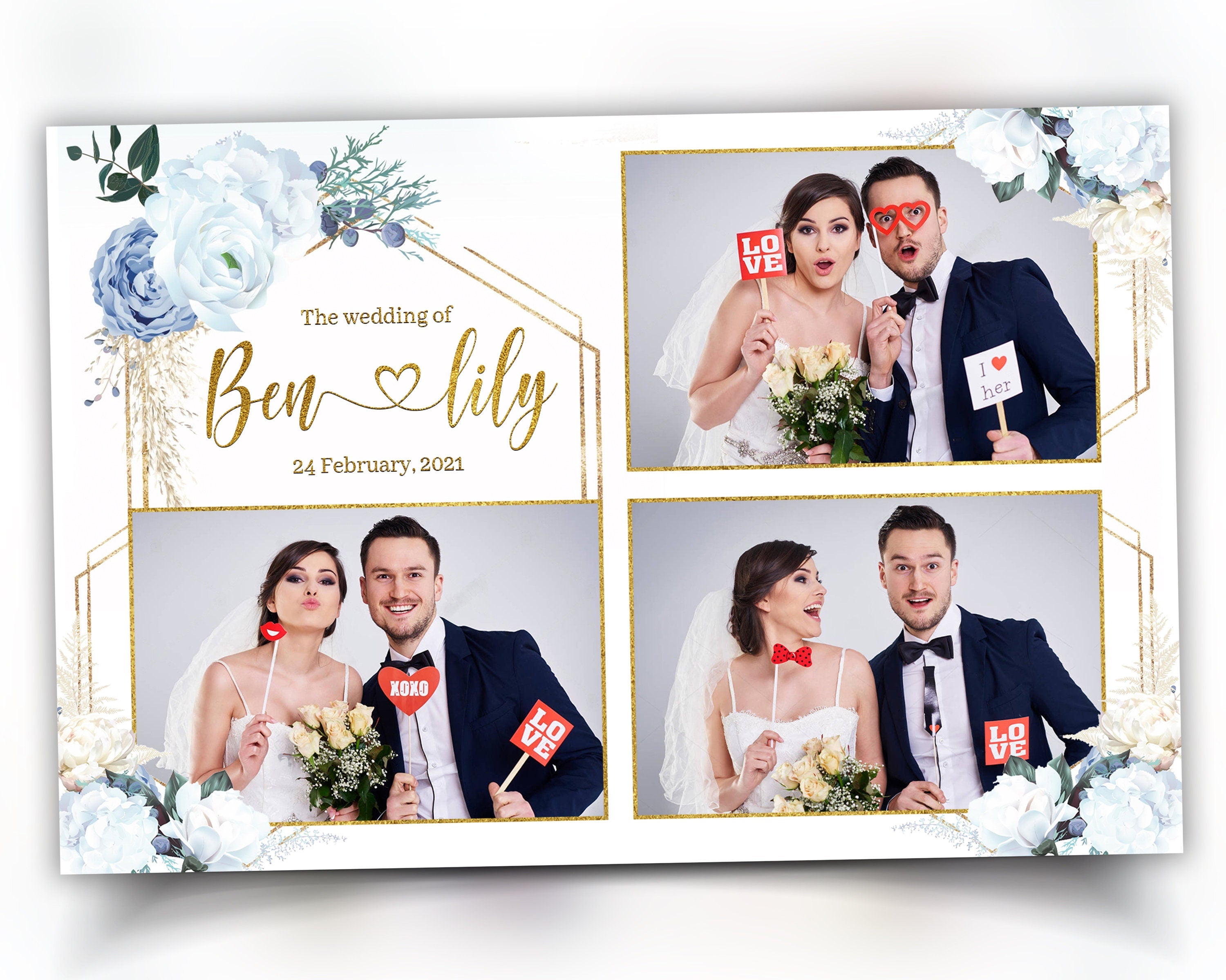Wedding Photobooth template 4x6 3 photo with Blue Floral blush flowers and greenery photo booth template