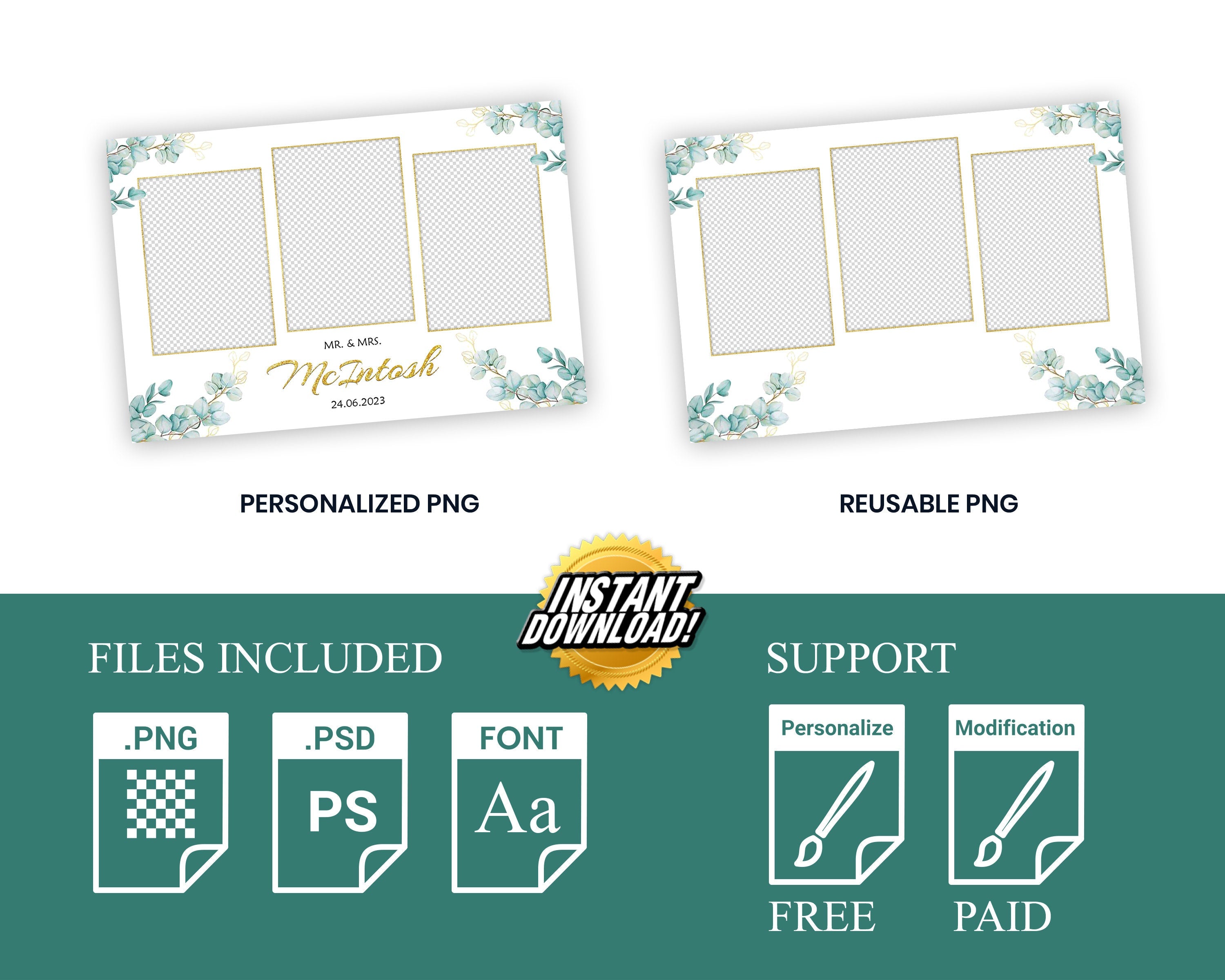 Wedding Bridal Shower green Photobooth Template Floral leaves Anniversary Photo Booth Template Mirror Booth botanic watercolor with fonts