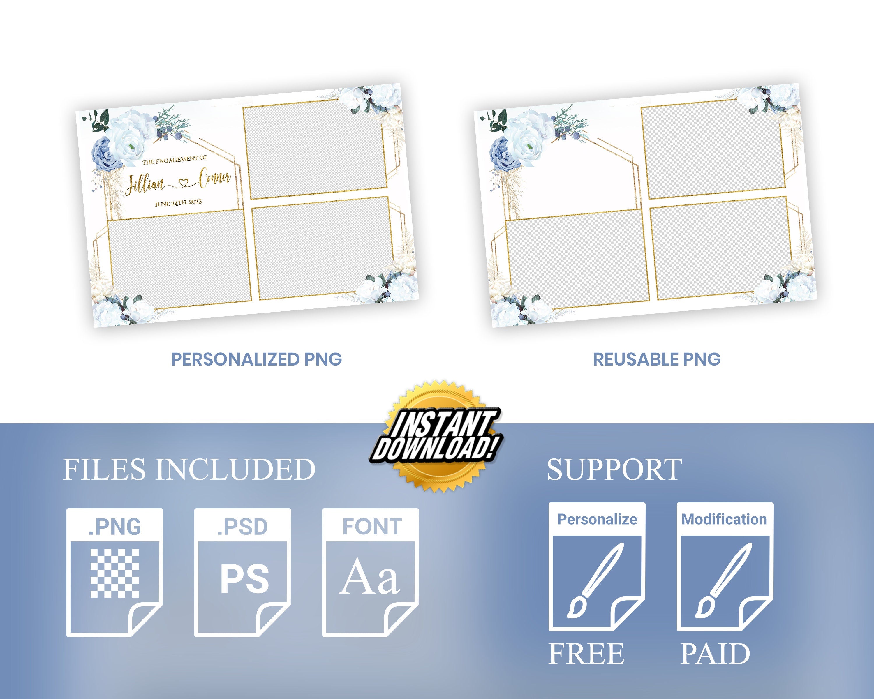 Wedding Photobooth template 4x6 3 photo with Blue Floral blush flowers and greenery photo booth template