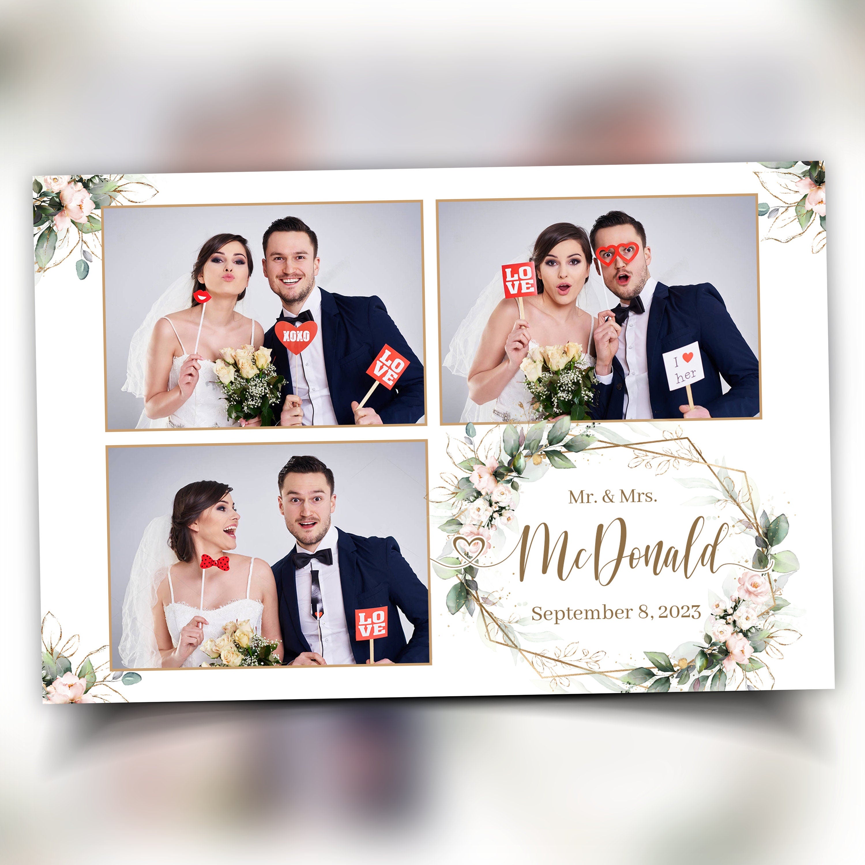 Wedding Photobooth template 4x6 with Floral blush pink flowers and greenery with gold lines 3 photo Anniversary photo booth template TB683