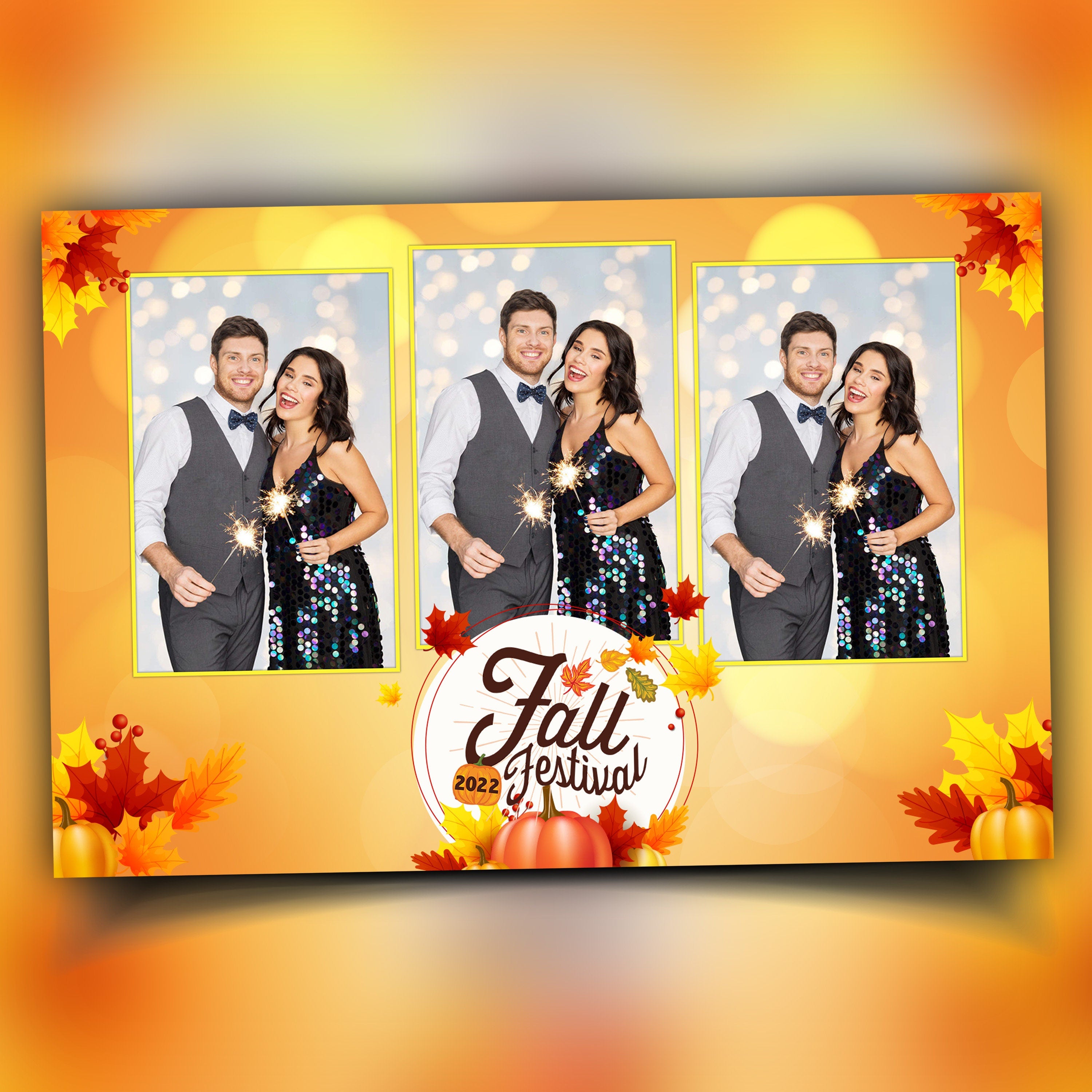 Fall Festival photobooth template 4x6 Thanksgiving orange pumpkin theme Portrait 3 photo magic mirror booth layout PSD PNG Font F8