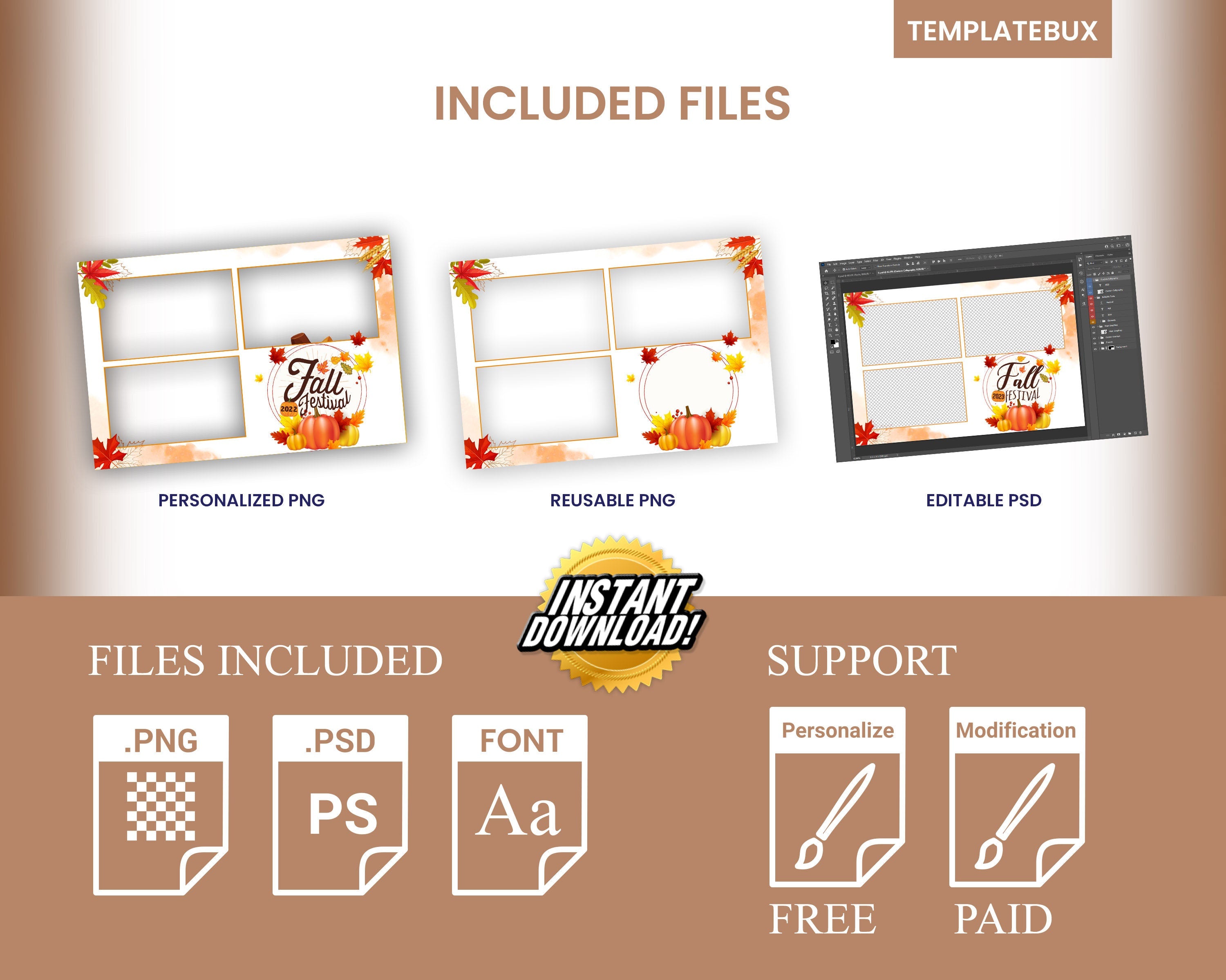 Fall Festival & Thanksgiving photobooth template 4x6 orange pumpkin theme 3 photo postcard layout for DSLR booth darkroom booth F7