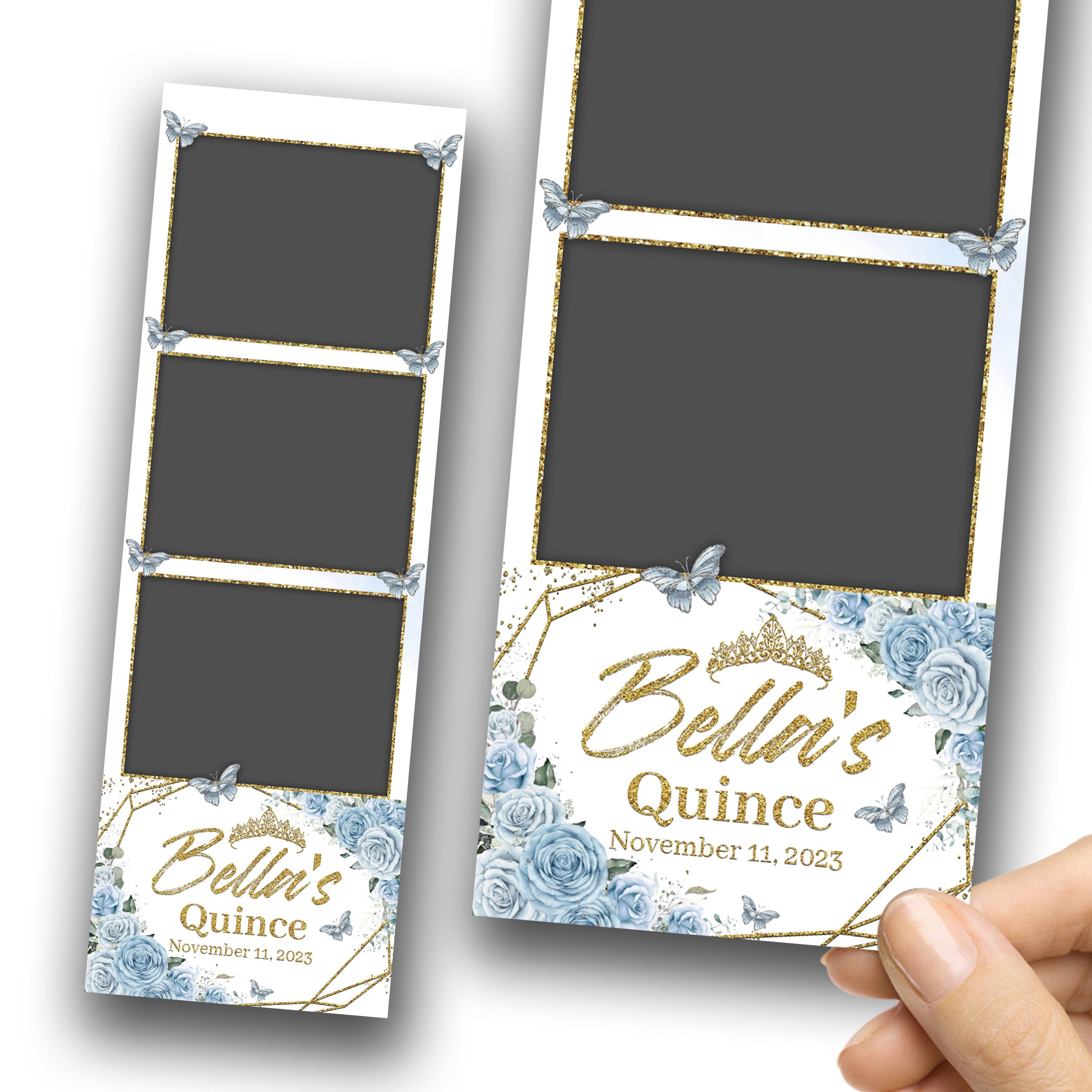 Mis Quince Birthday Sweet 16 Photobooth Template, Blue Flower Rose Golden Sweet 16, Quinceanera Photo Booth Template