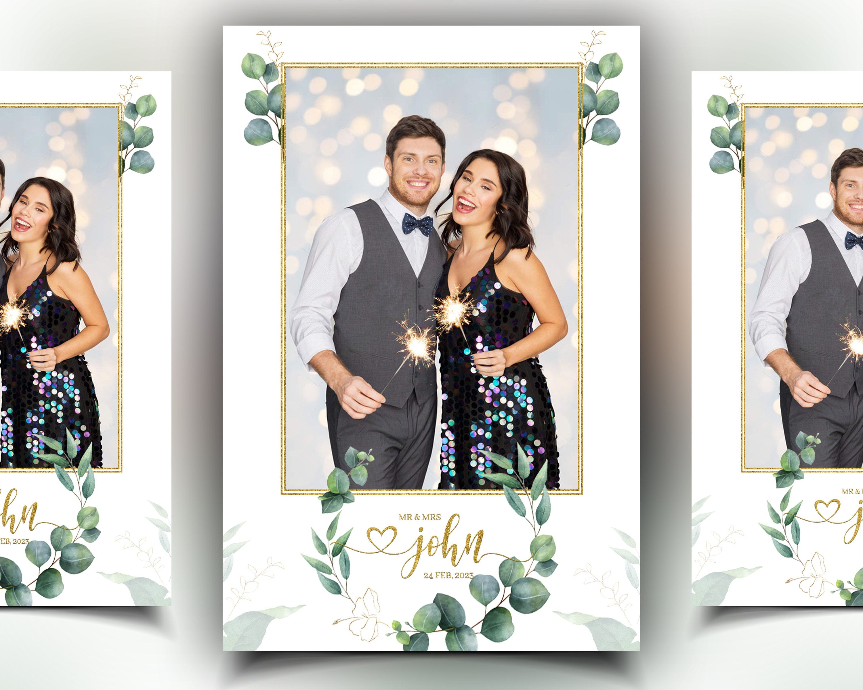 Wedding Photo booth template 2x6 strip with greenery eucalyptus wreath leaves elegant minimal greenery photobooth editable template