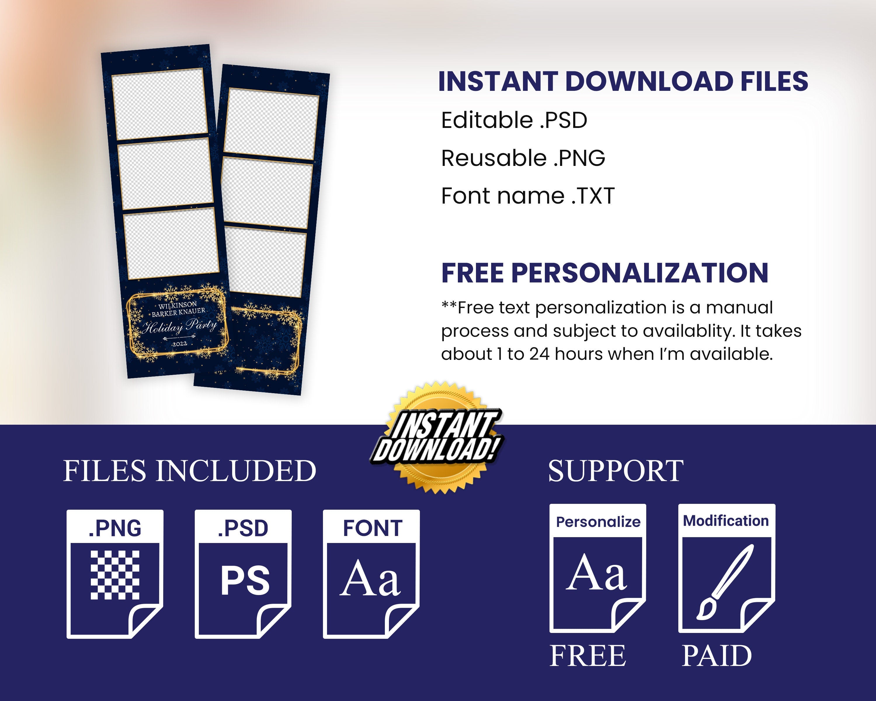 Christmas Xmas Photobooth Template 2x6 Strip Navy Blue & Gold Photo booth stripe for Holiday Party 2023 2x6 inches new year's eve