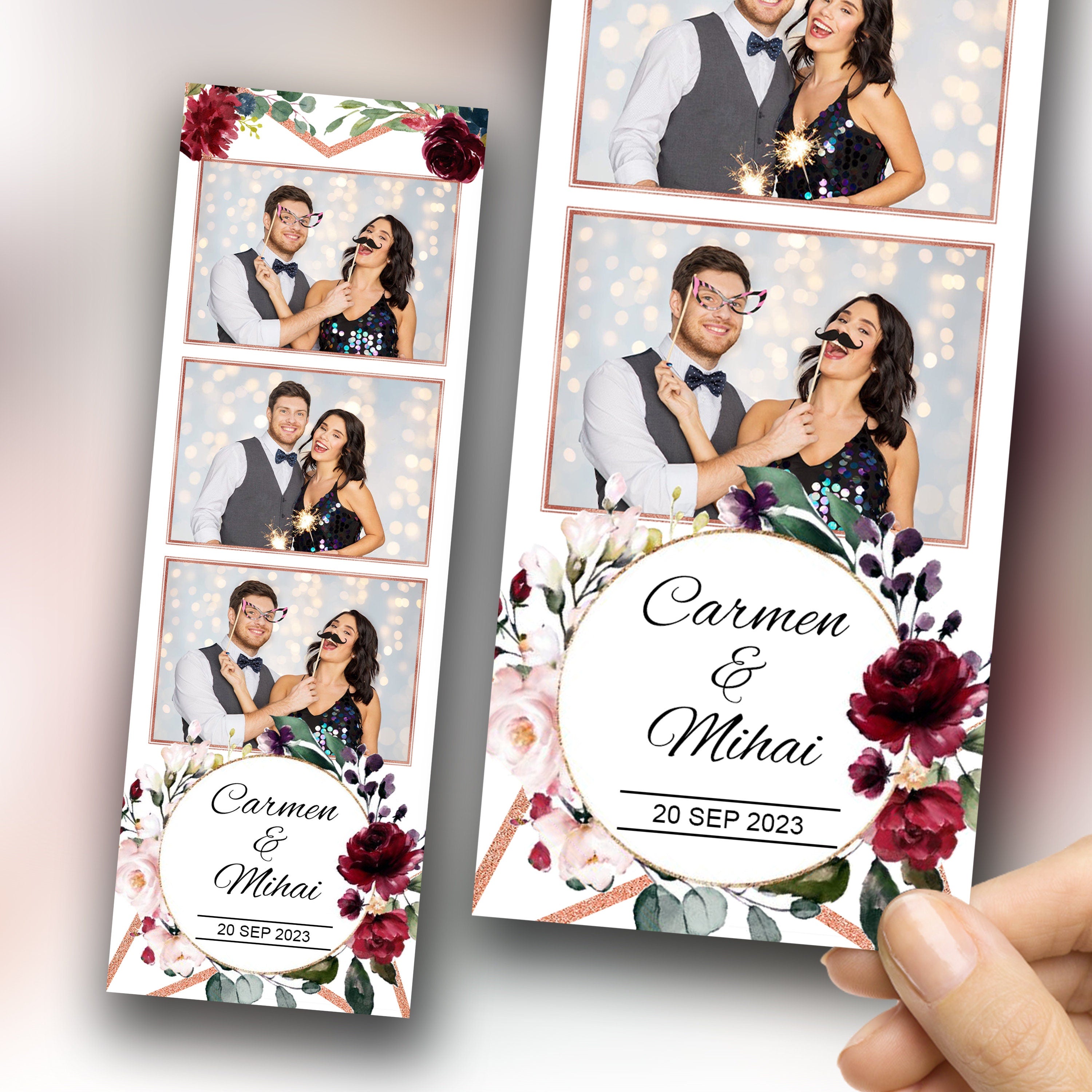 Wedding Photobooth Template, Anniversary Photo Booth, Maroon Floral, 2x6, Burgundy Flower 511