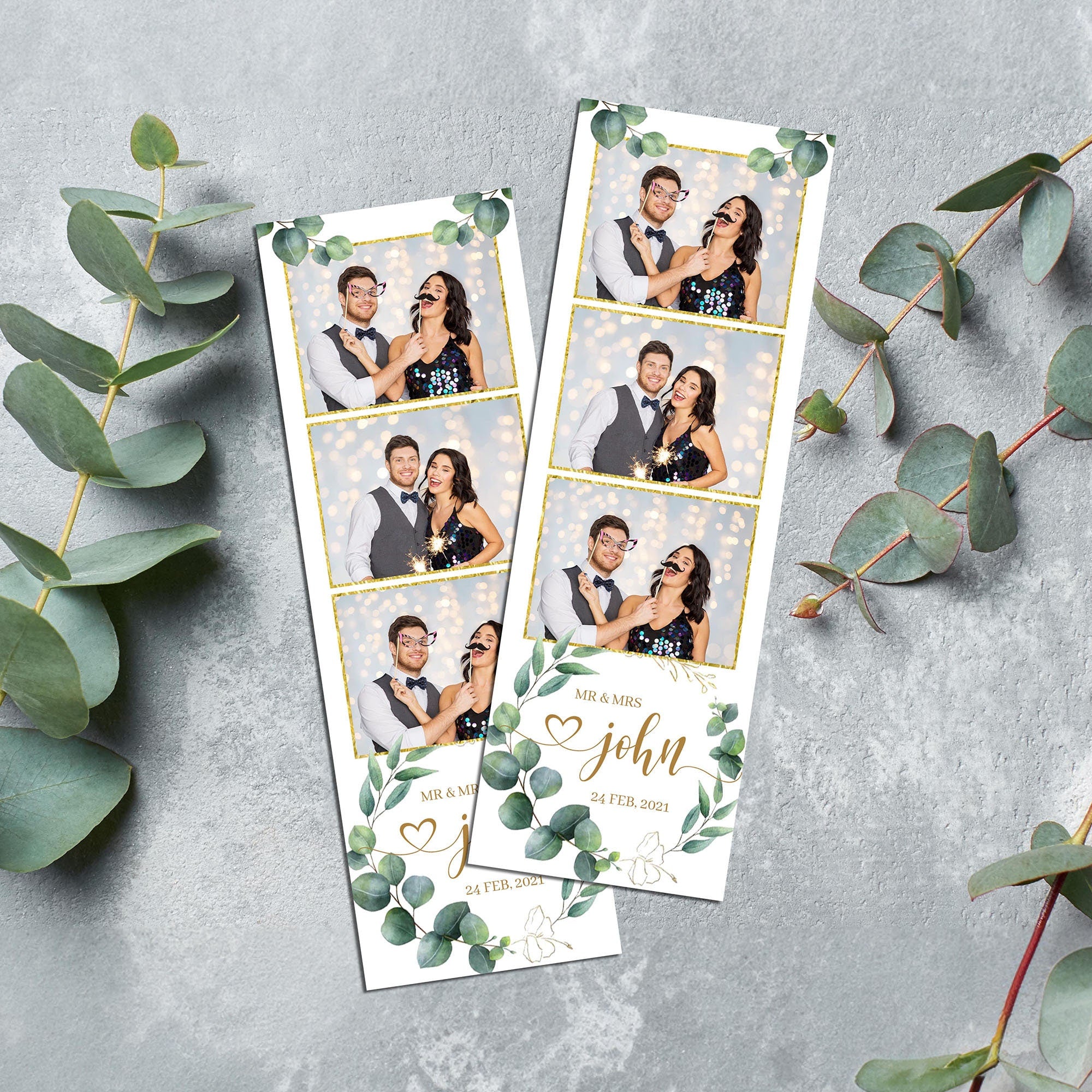 Wedding Photobooth template 2x6 strip with greenery eucalyptus wreath leaves elegant minimal annivarsary photo booth editable template