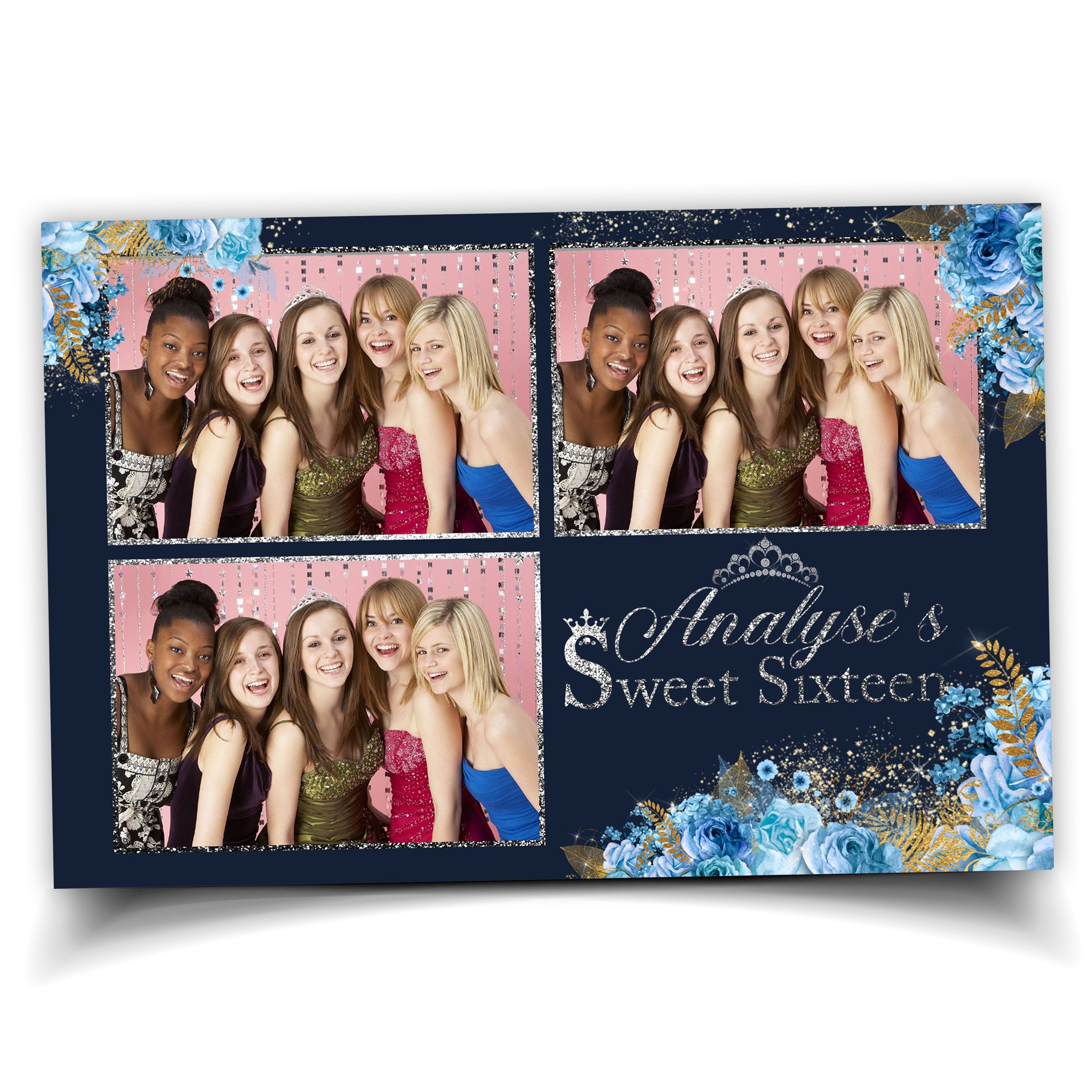 Sweet 16 Quinceanera  photo booth template 4x6 silver and gold postcard royal blue and Photobooth