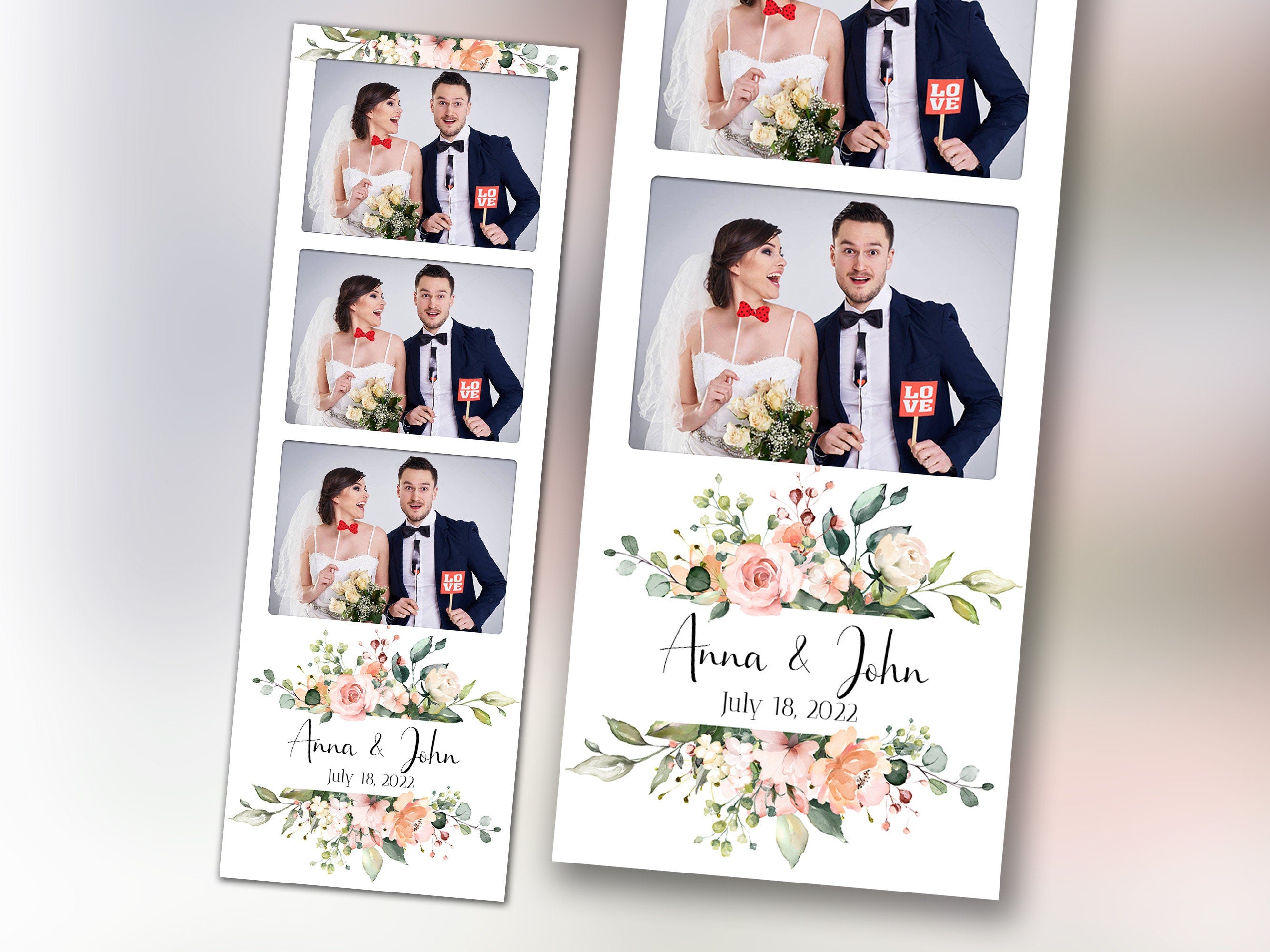Wedding Photo booth template 2x6 strip with Floral light pink rose flowers and greenery photobooth template B37 1242