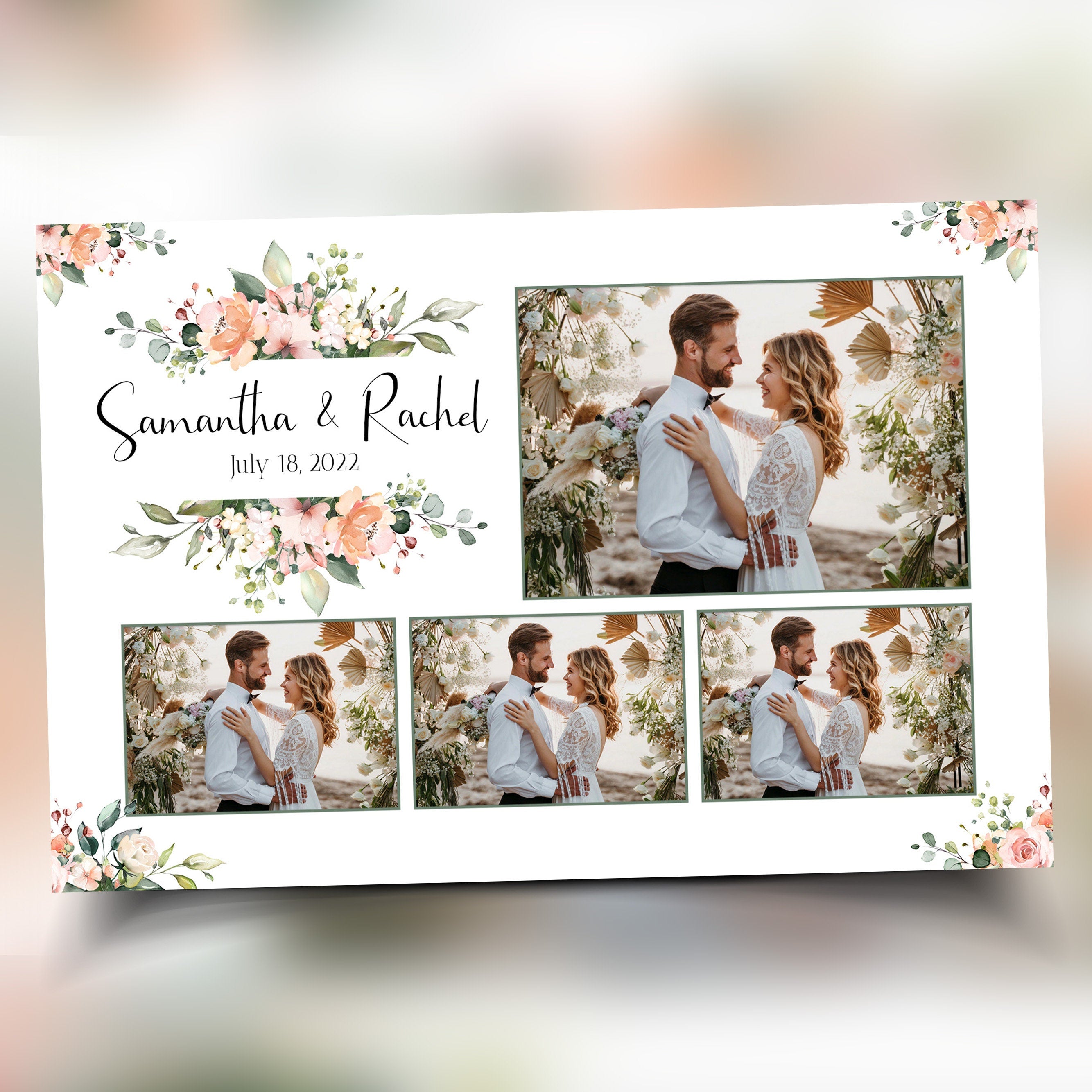 Wedding Photo booth template 4x6 4 photo postcard layout floral split flowers light pink rose and greenery photobooth template B37 1242