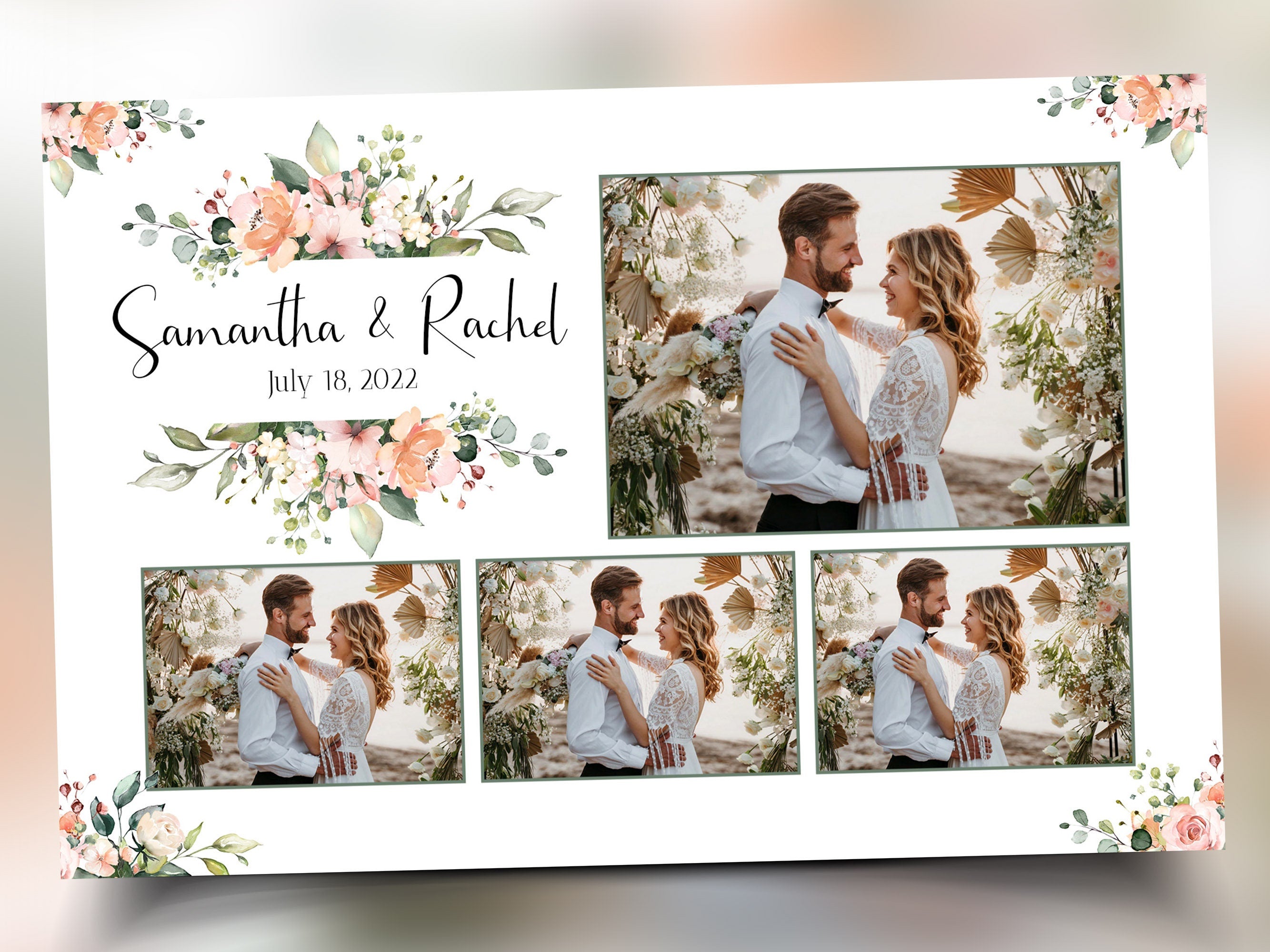 Wedding Photo booth template 4x6 4 photo postcard layout floral split flowers light pink rose and greenery photobooth template B37 1242