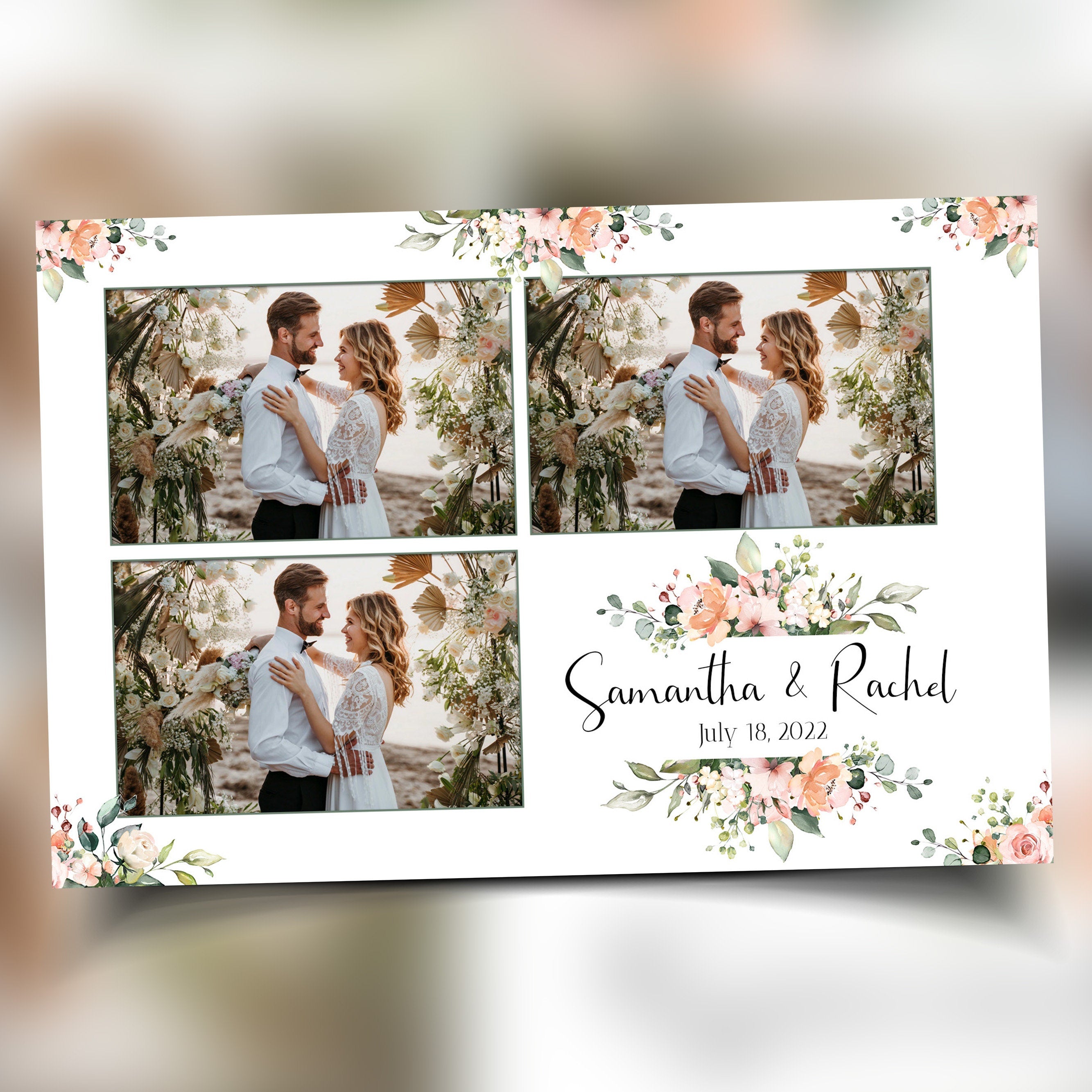 Wedding Photo booth template 4x6 triple photo postcard layout floral split flowers light pink rose and greenery photobooth B37 1242