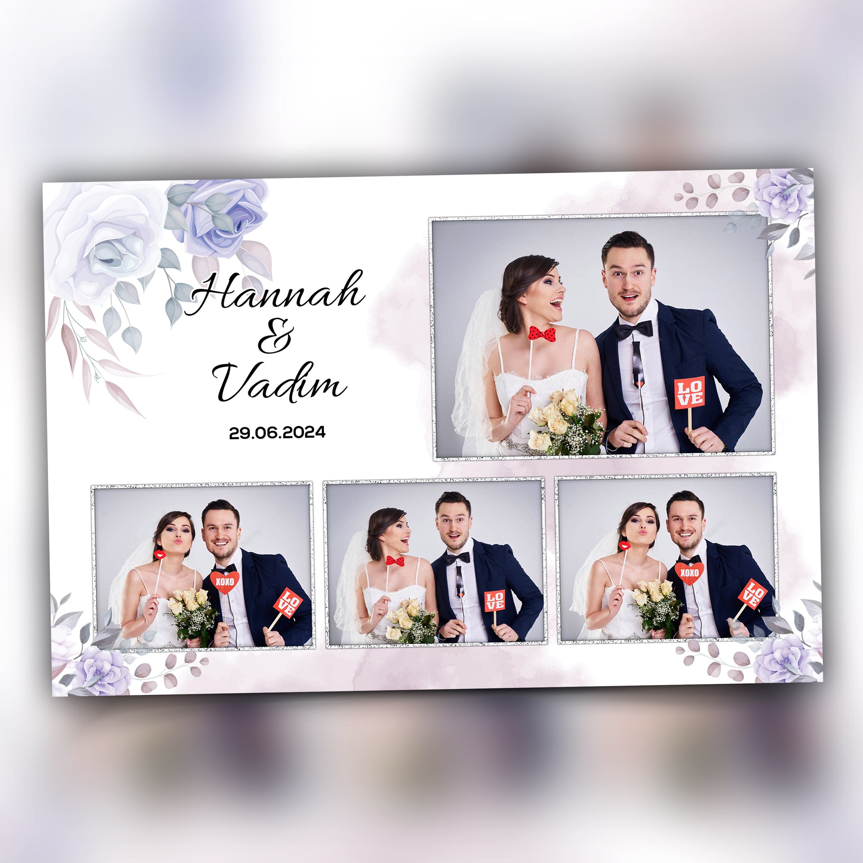Photo Booth Template for Wedding Bridal Shower Floral Anniversary 4x6 Photobooth Template Purple White Rose 669