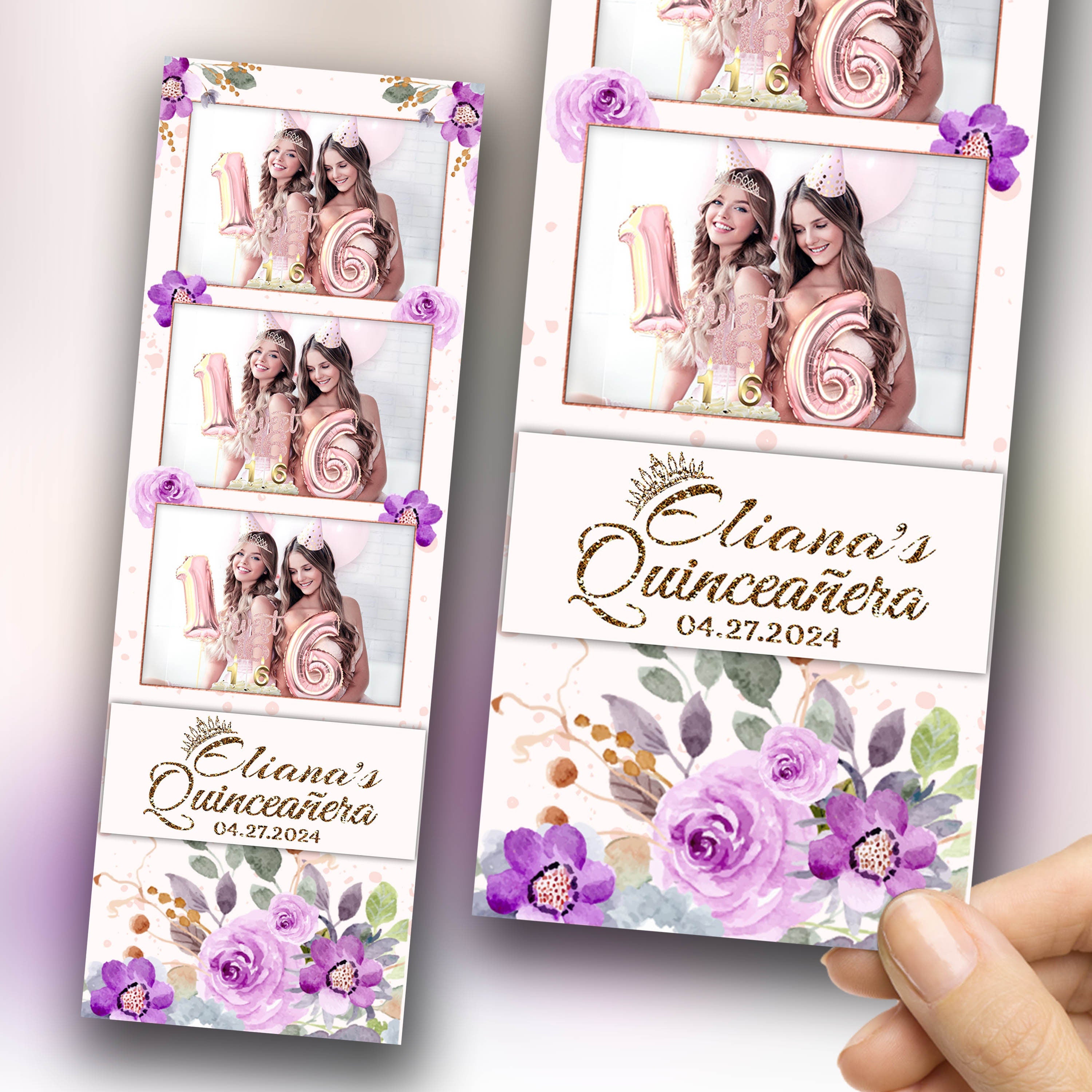 Quinceanera Sweet 16 Birthday Purple Floral Photo Booth Template Flower Greenery Gold Wedding Anniversary Bridal Shower Editable 266