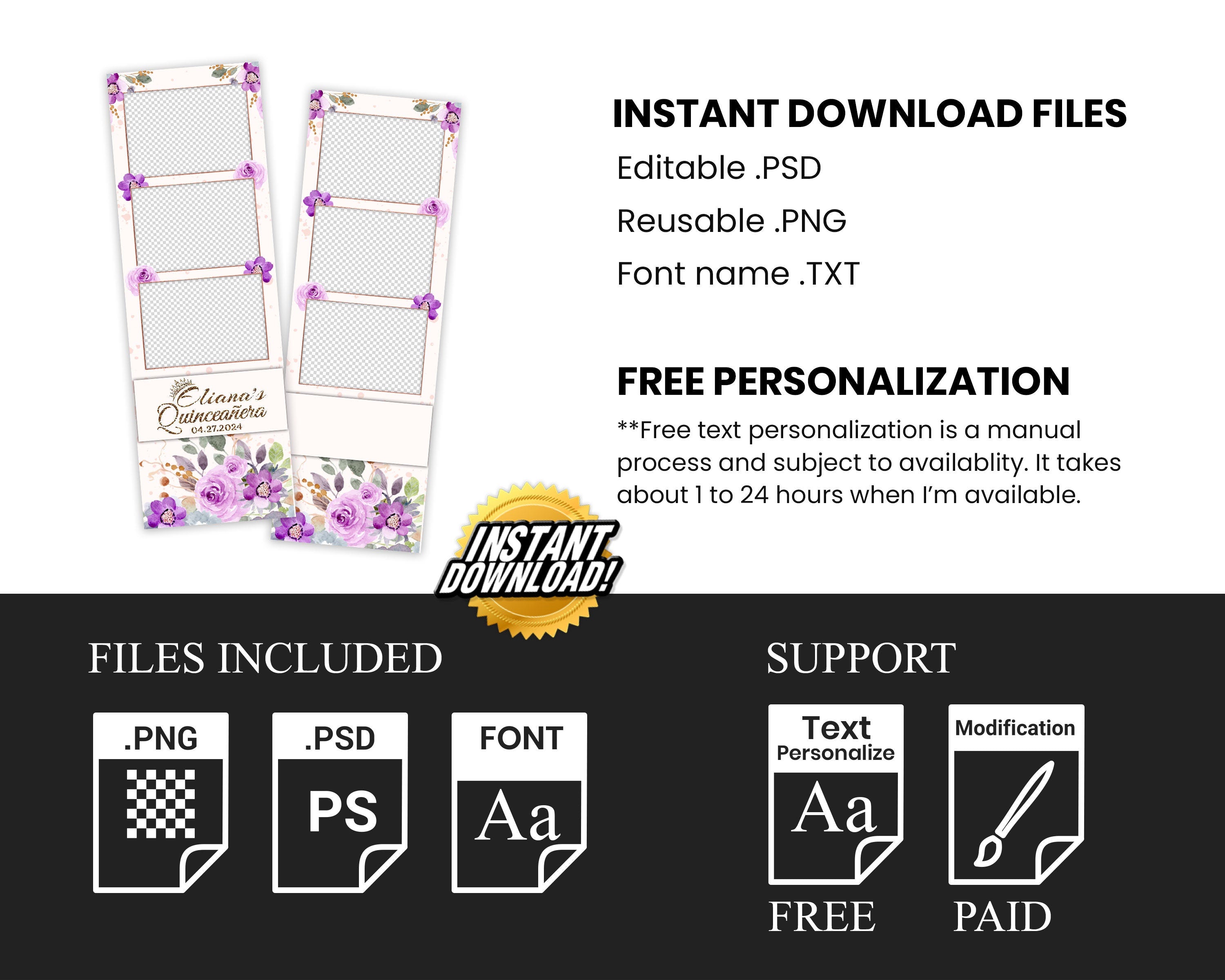Quinceanera Sweet 16 Birthday Purple Floral Photo Booth Template Flower Greenery Gold Wedding Anniversary Bridal Shower Editable 266