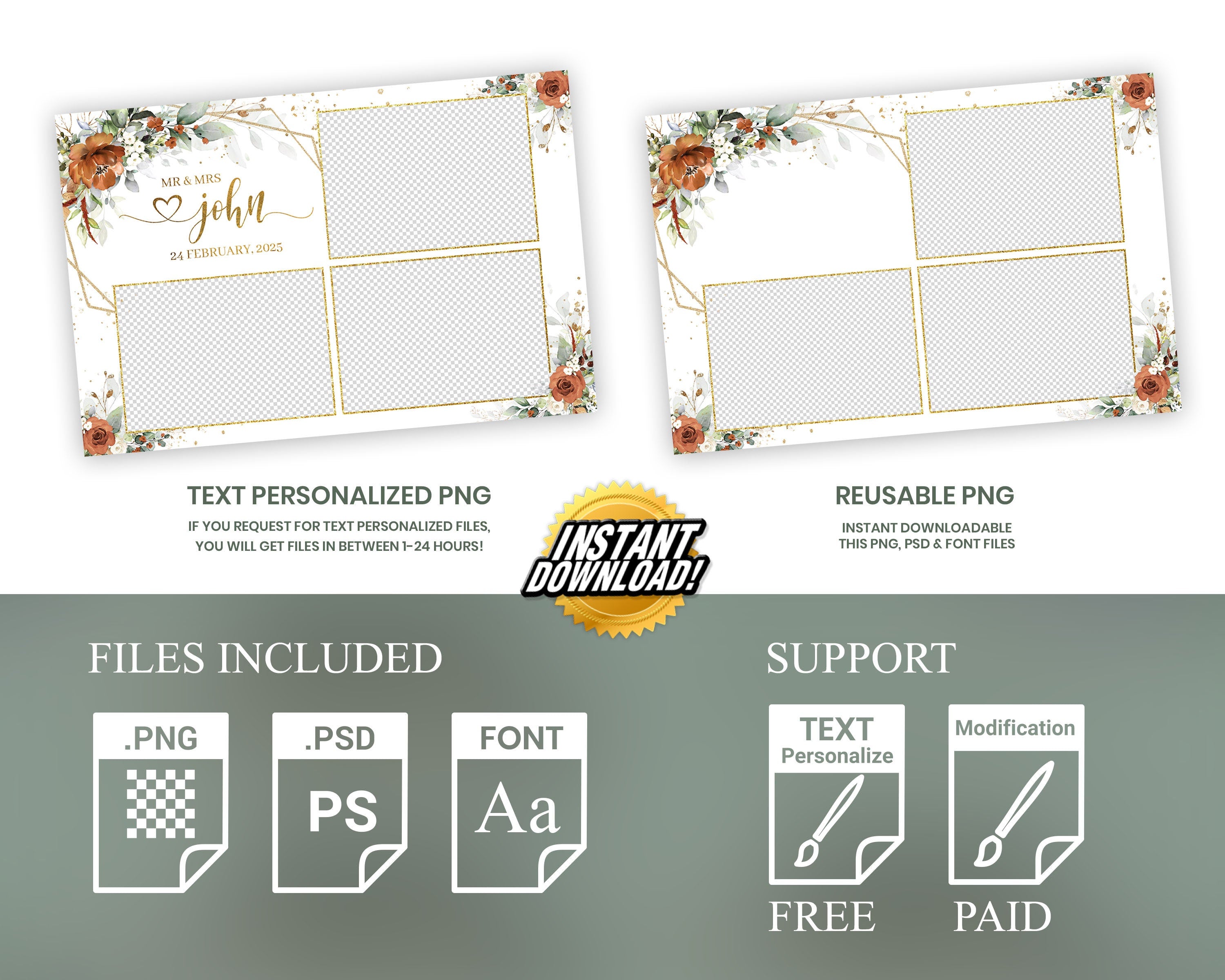 Wedding Photobooth Template, Anniversary Photo Booth Template, Burnt Orange Flower, Greenery Terracotta Floral Bridal Shower, 1056