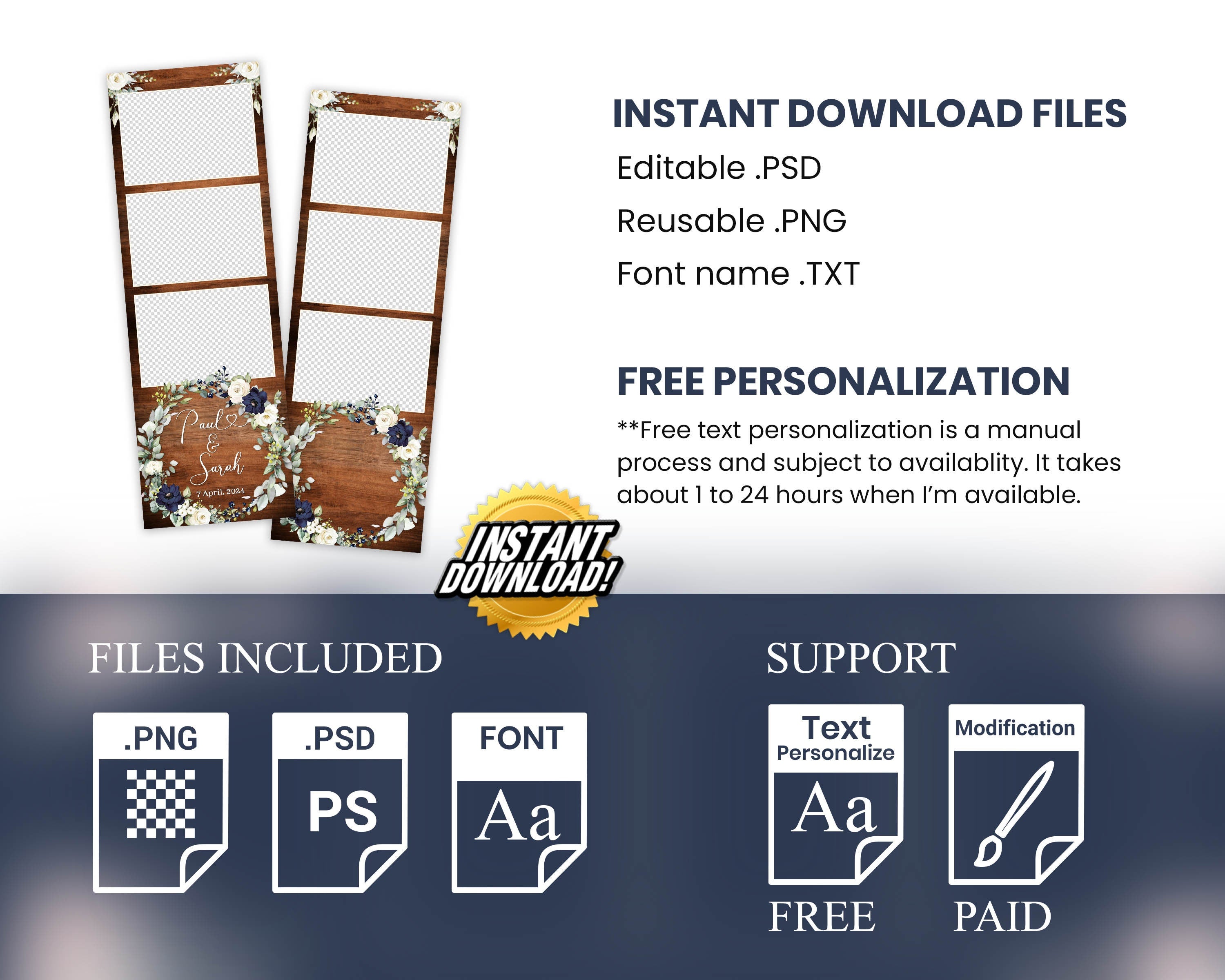 Wedding Anniversary Bridal Shower Photobooth Template Wooden Greenery Floral Blue Rose Flower Photo Booth 1057