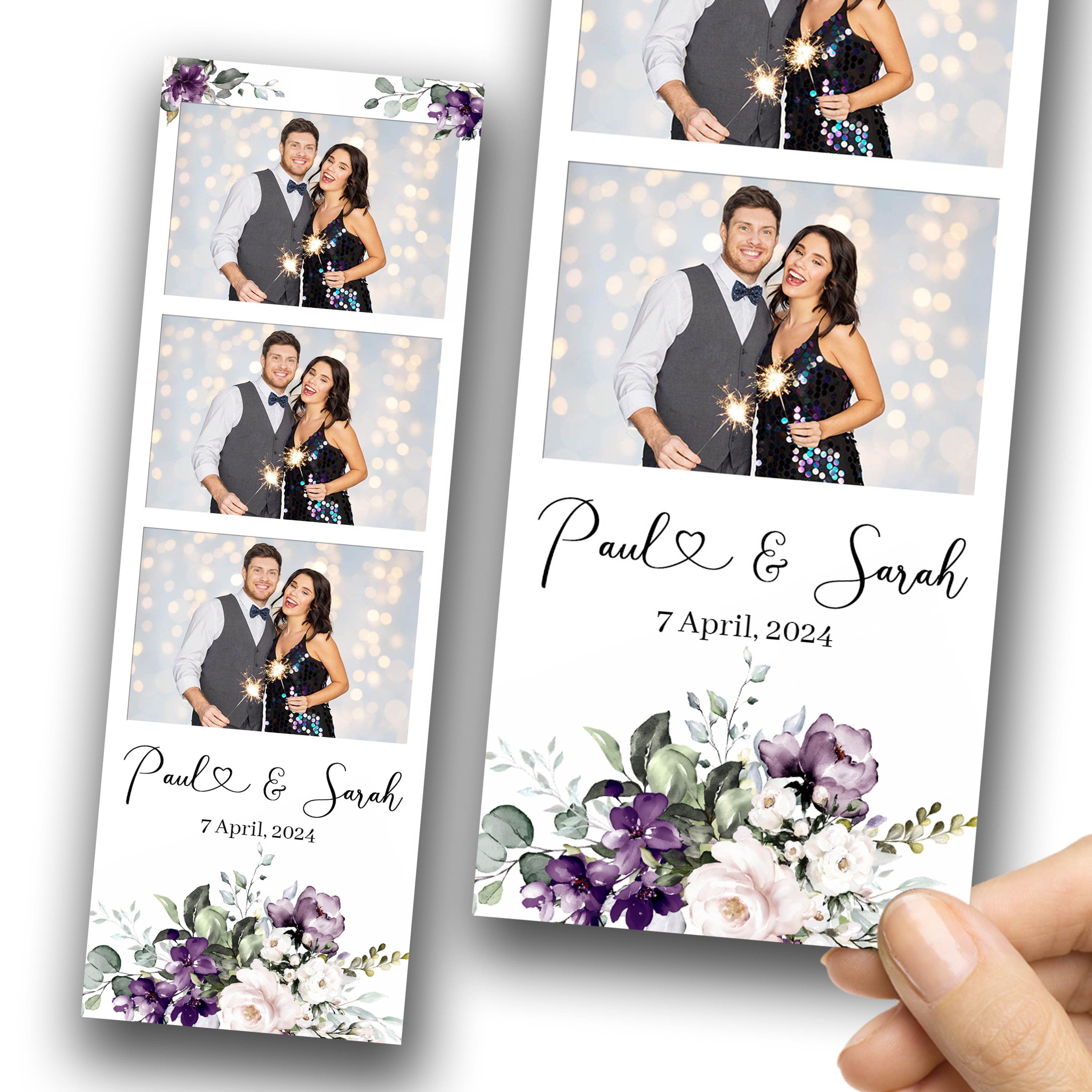 Purple Wedding Anniversary Bridal Shower Photobooth template 2x6 strip with Floral blush flowers rose greenery photo booth template 1058
