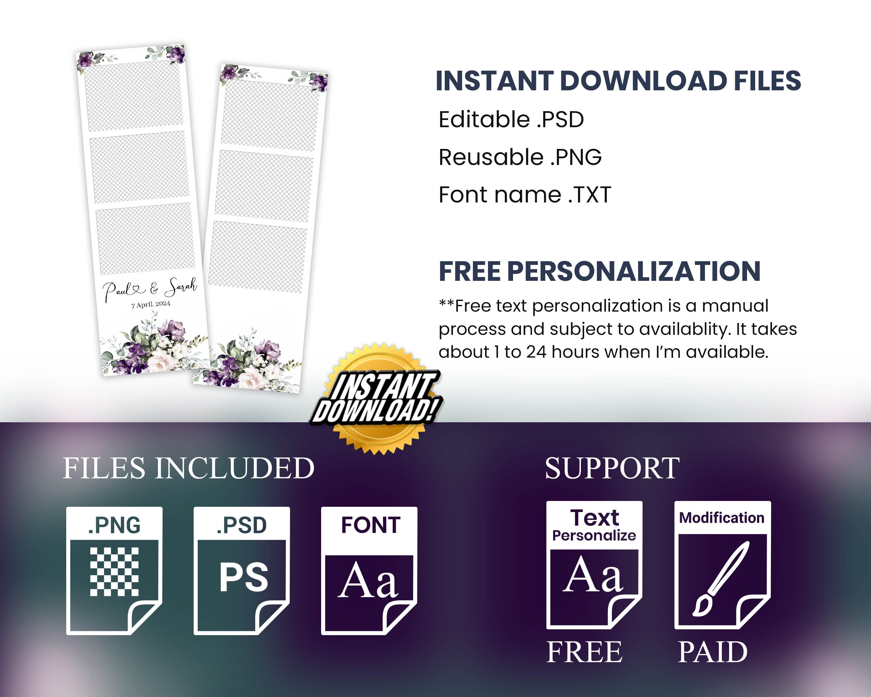 Purple Wedding Anniversary Bridal Shower Photobooth template 2x6 strip with Floral blush flowers rose greenery photo booth template 1058