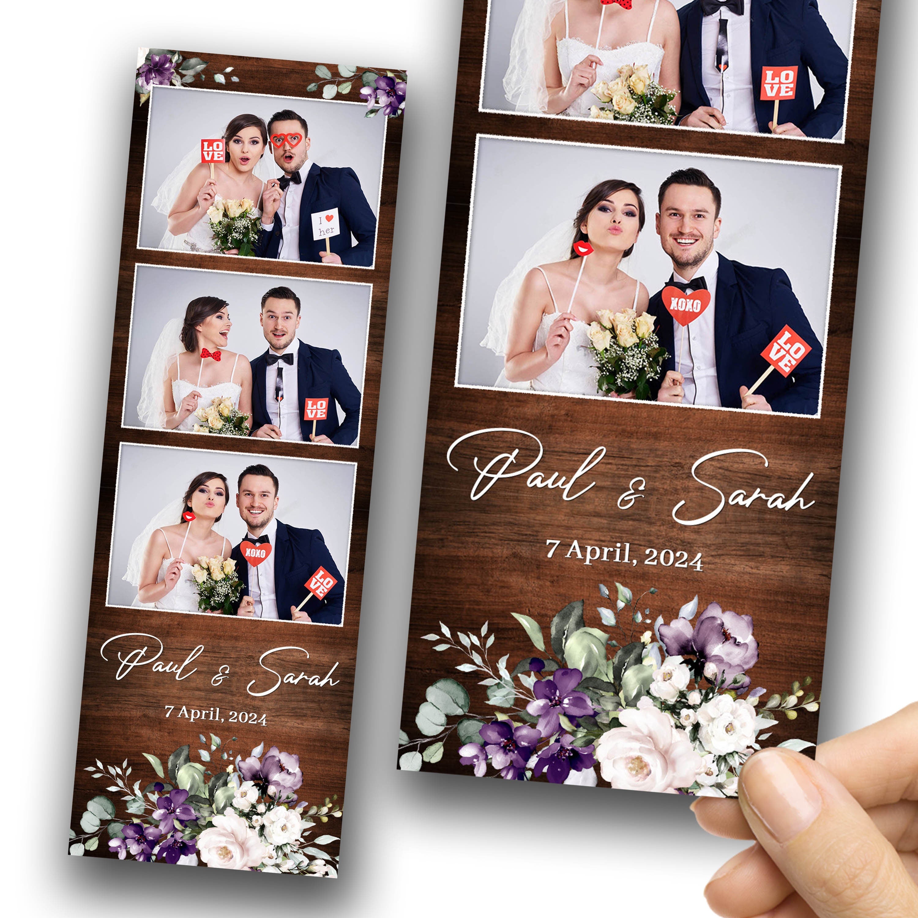 Purple Wedding Anniversary Bridal Shower Wooden Photobooth template 2x6 strip Floral flowers rose greenery photo booth template 1058