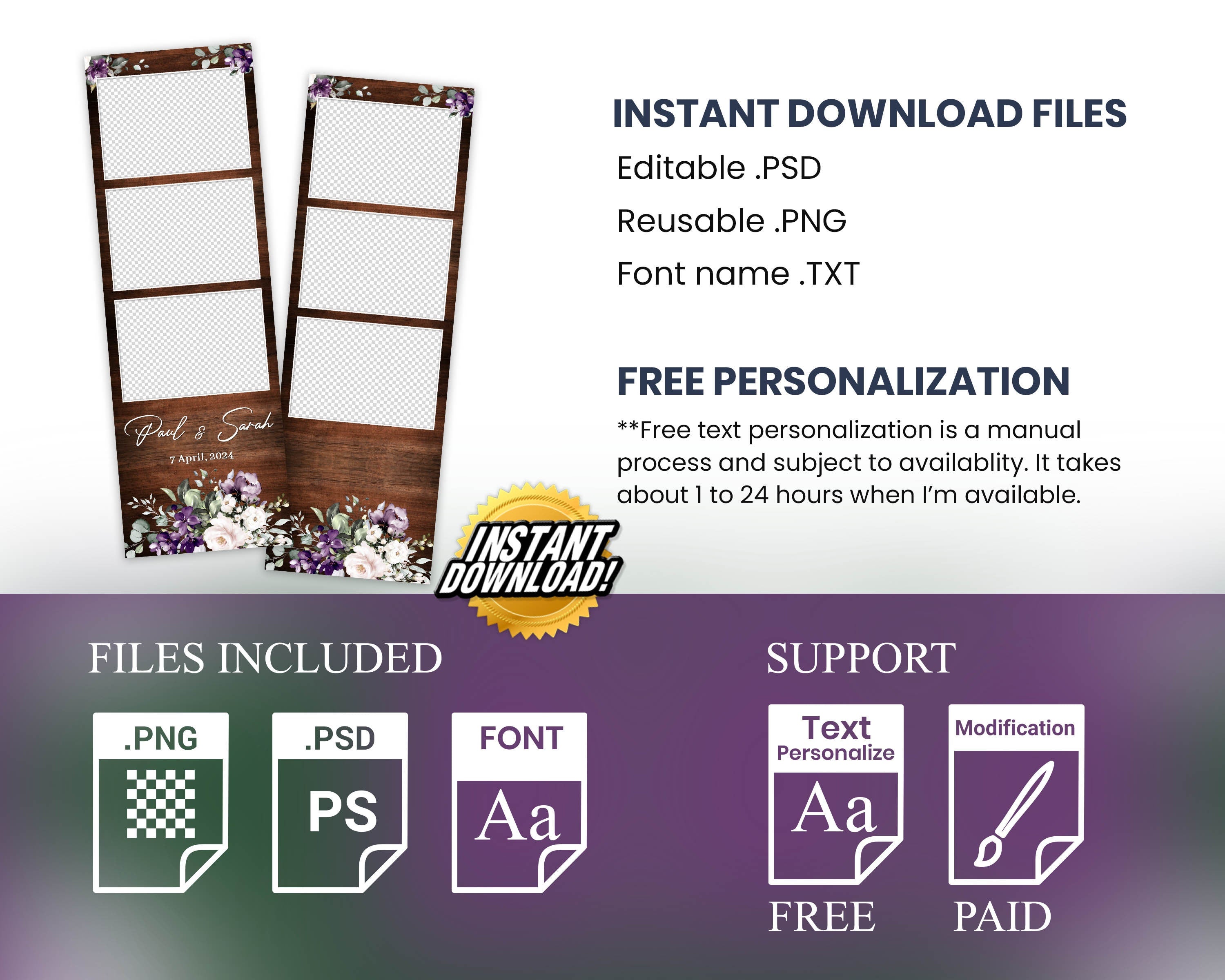 Purple Wedding Anniversary Bridal Shower Wooden Photobooth template 2x6 strip Floral flowers rose greenery photo booth template 1058