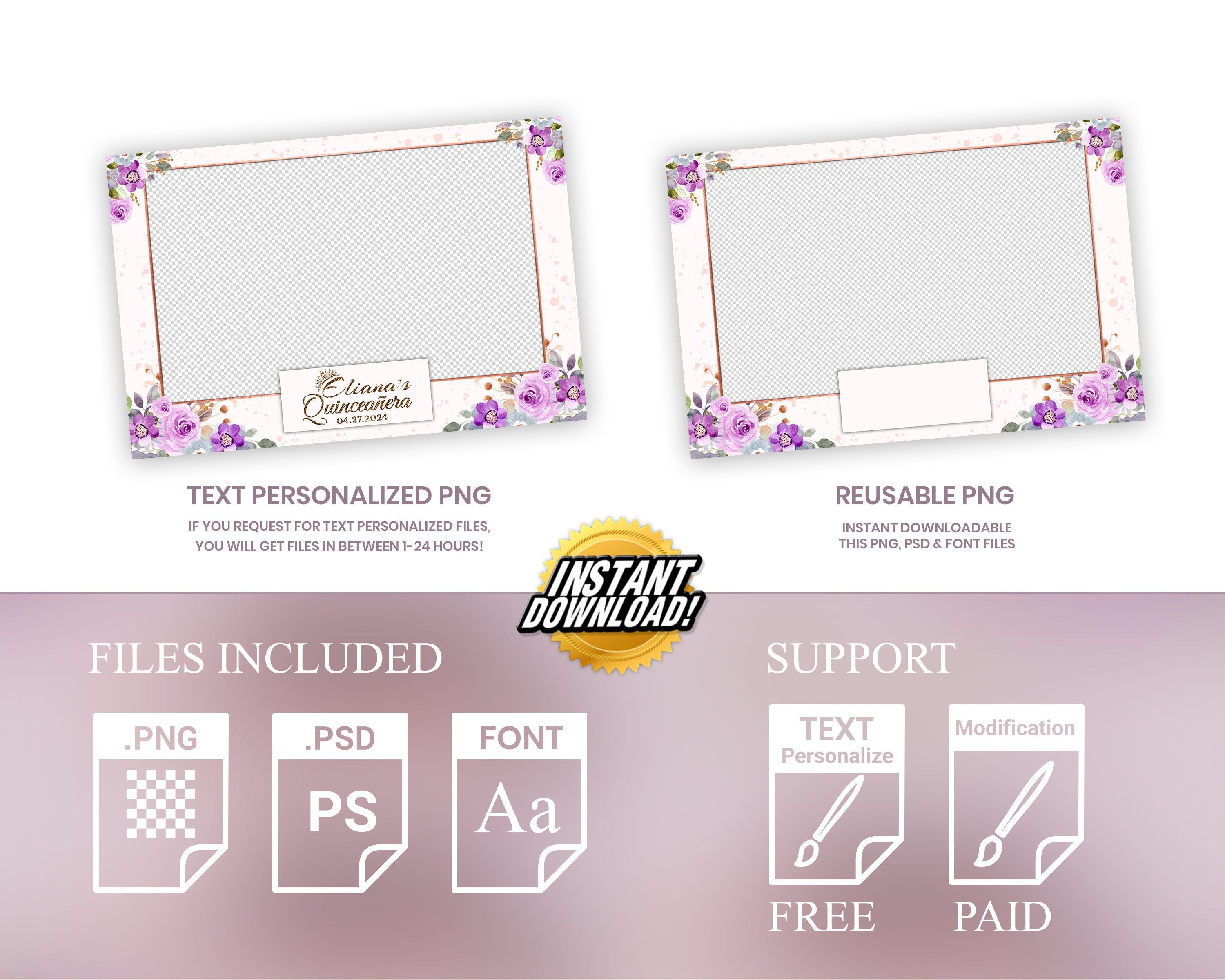 Quinceanera Sweet 16 Birthday Purple Floral Photo Booth Template Flower Greenery Gold Wedding Anniversary Bridal Shower Editable 266-6