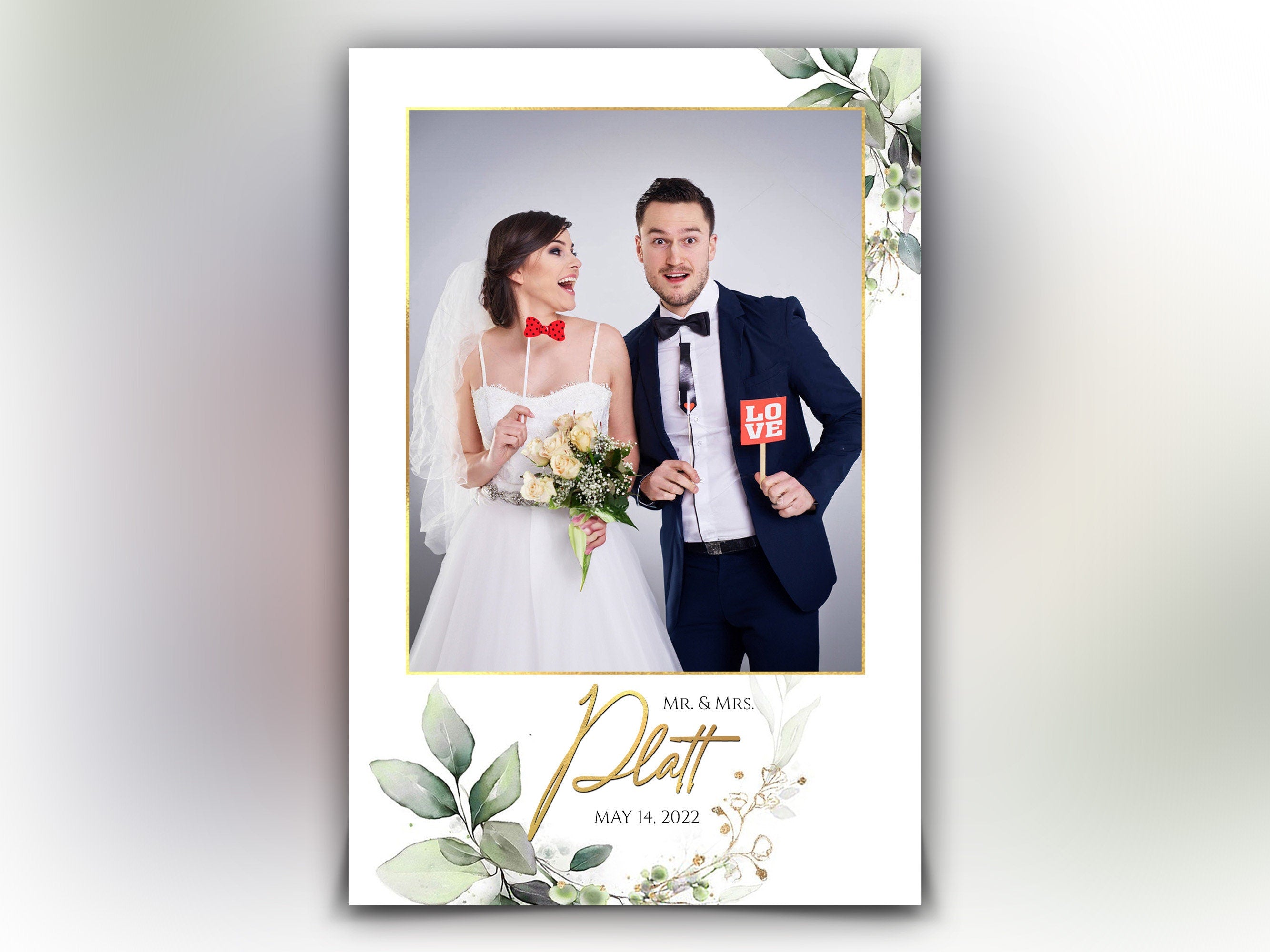 Wedding Bridal Shower green Photobooth Template Floral leaves Anniversary Template 4x6 portrait photo booth template watercolor eucalyptus