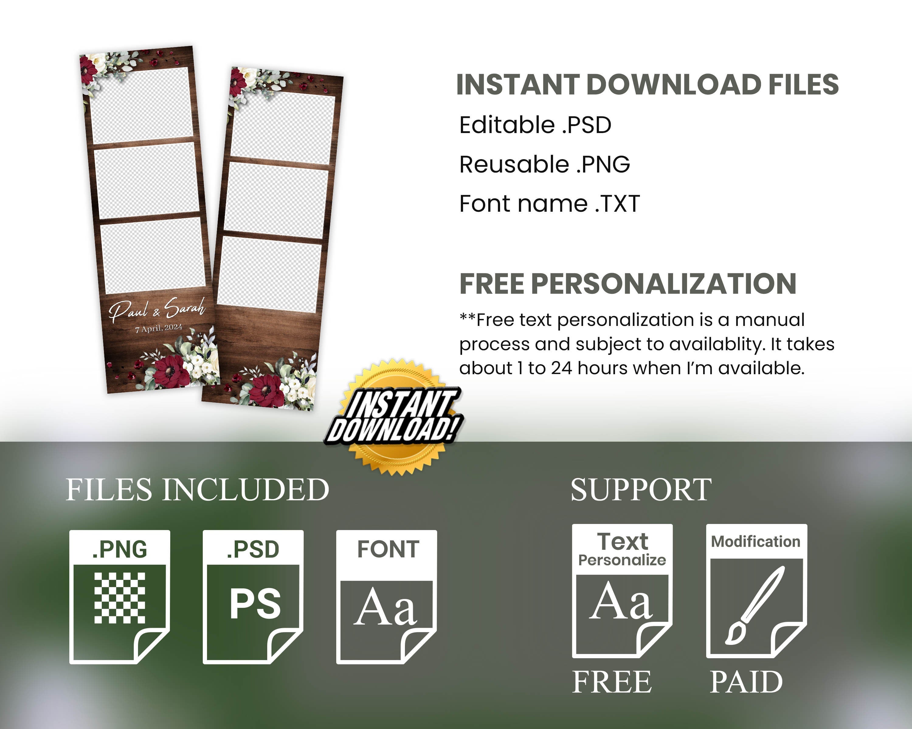 Wedding photobooth template, Anniversary photo booth, Bridal shower, 2x6 strip, Burgundy floral, Flowers, Rose, Greenery 1059 wooden
