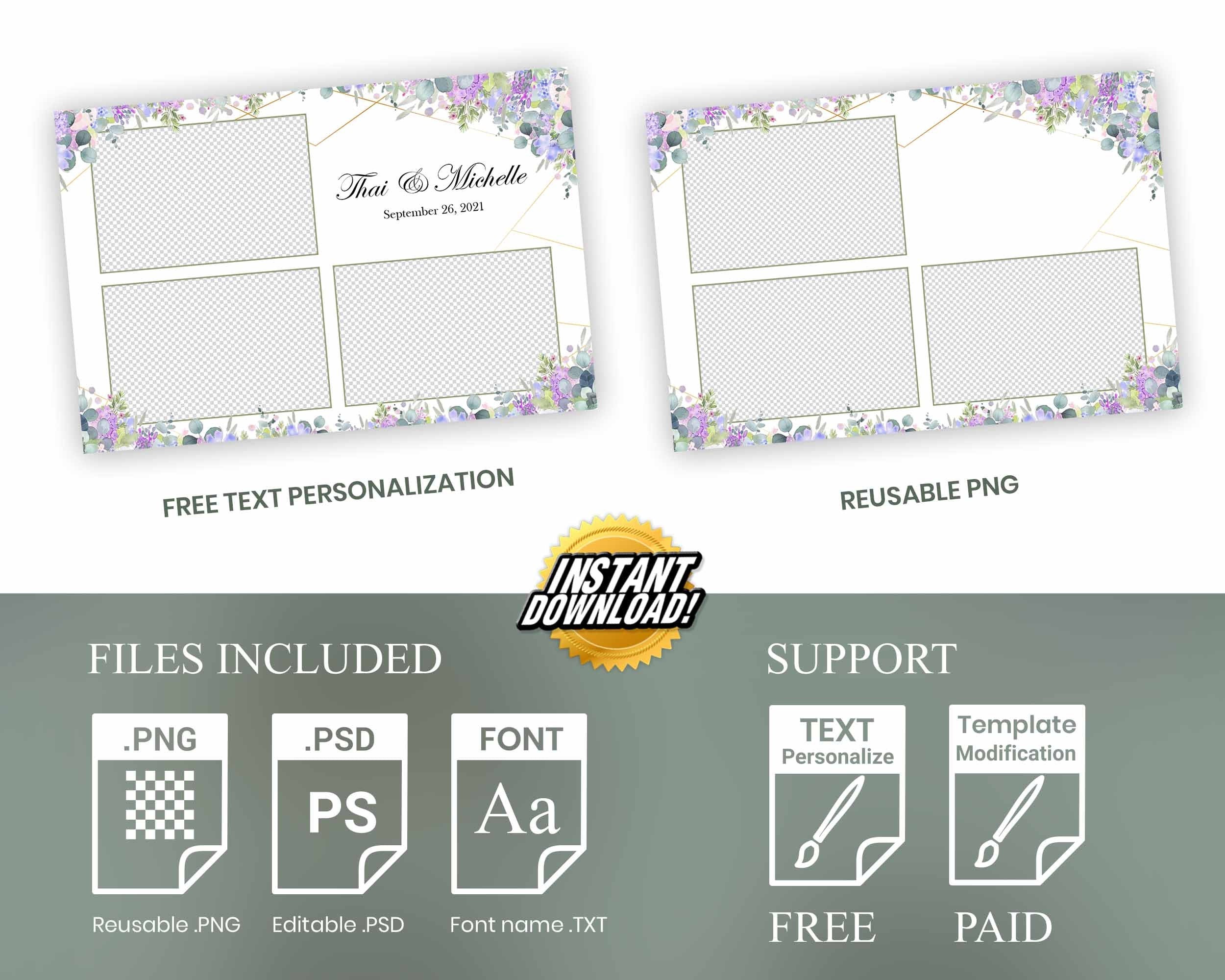 Purple Wedding Photo Booth Template, Bridal Shower, Sweet 16, Floral Anniversary Photobooth Template, 542