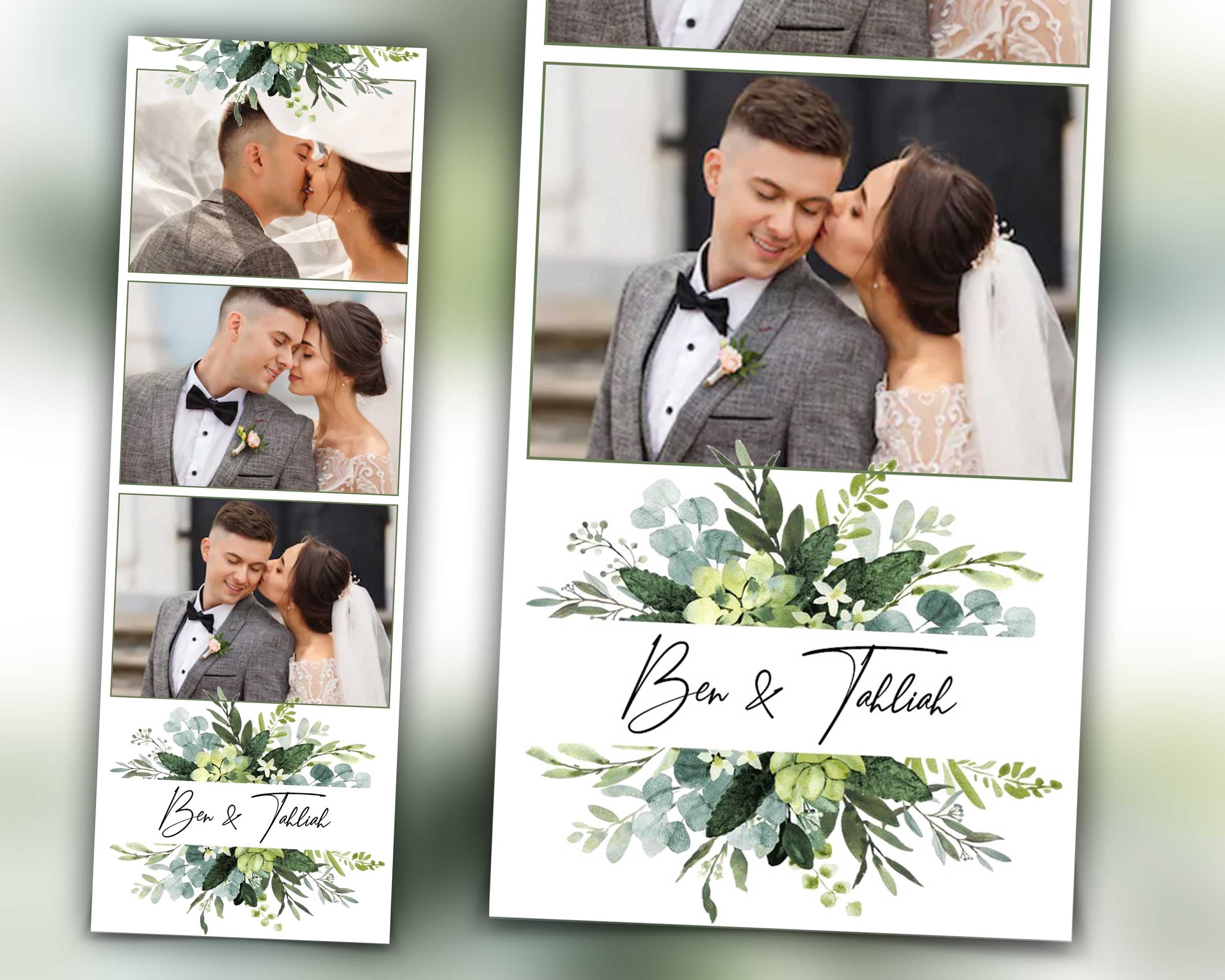 Wedding Bridal Shower green Photobooth Template Floral leaves Anniversary Photo Booth Template 2x6 photo strip botanic watercolor with fonts