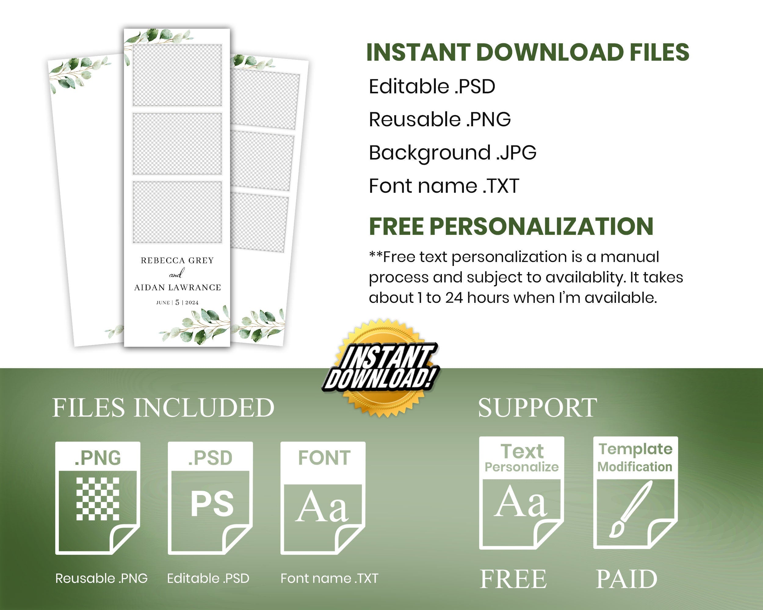 Wedding Photobooth Template, Anniversary Photo Booth Template, Greenery Bridal Shower Photobooth 1097