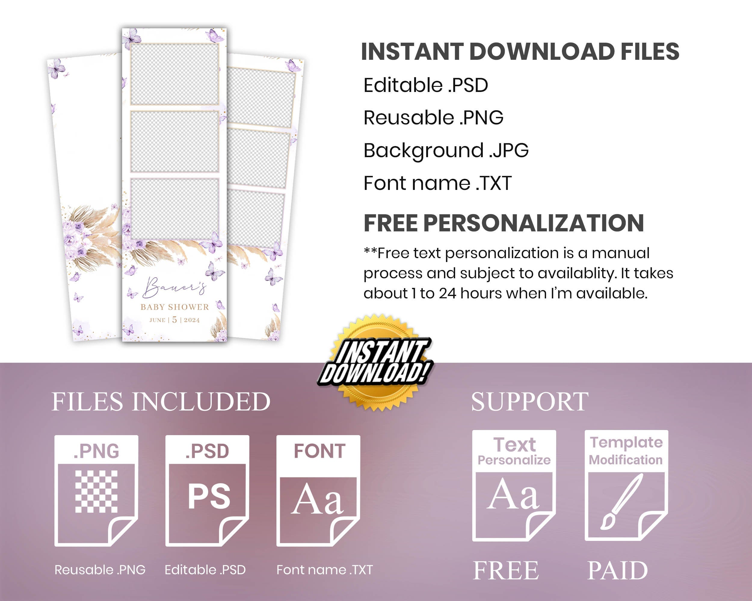 Baby Shower Photobooth Template, Baby Shower Photobooth Template, Sweet 16 Butterfly 2x6 Strip, Purple Quinceanera Birthday Photobooth 1098