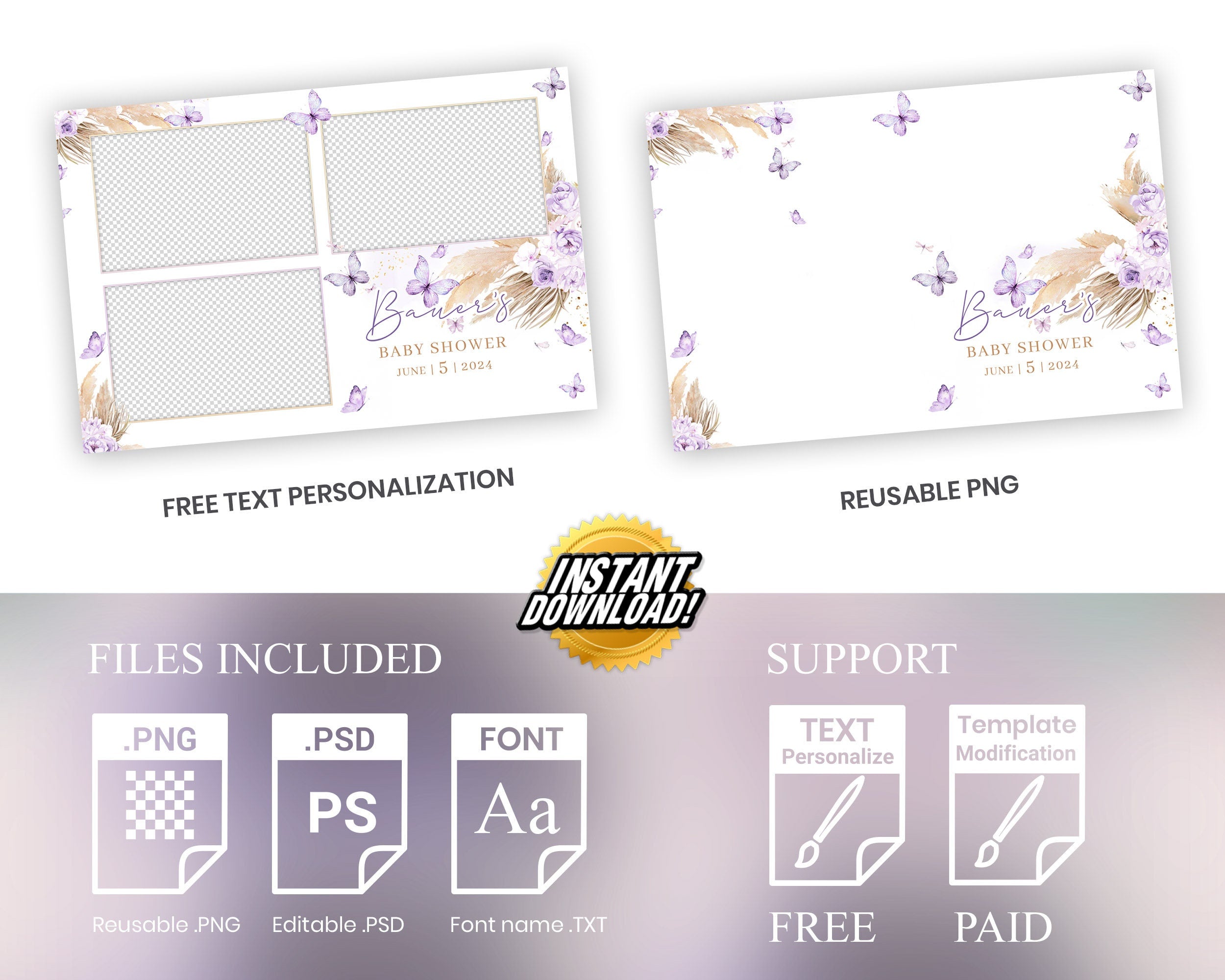 Baby Shower Photobooth Template, Baby Shower Photobooth Template, Sweet 16 Purple Butterfly, Quinceanera Birthday Photo booth Template 1098