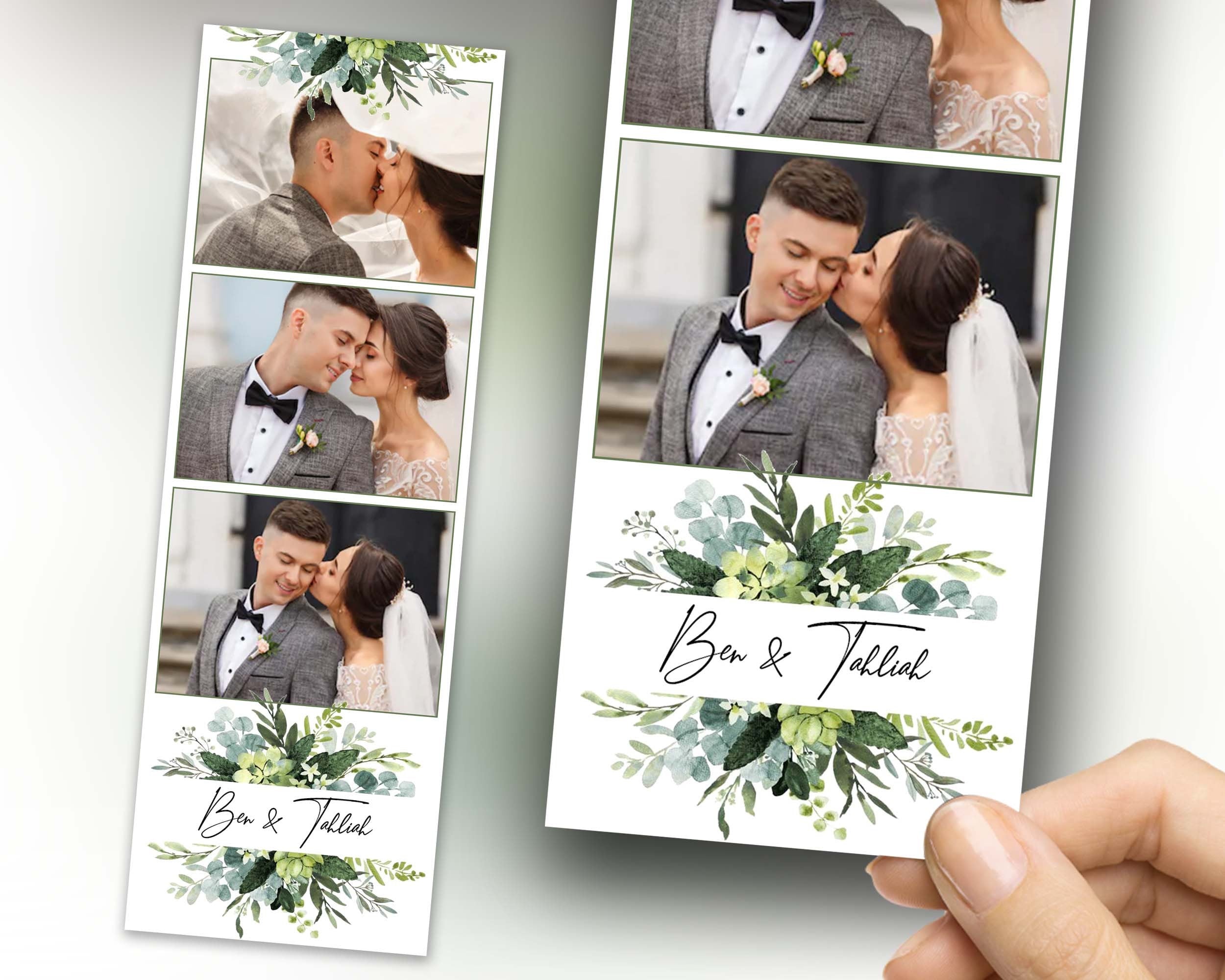 Wedding Bridal Shower green Photobooth Template Floral leaves Anniversary Photo Booth Template 2x6 photo strip botanic watercolor with fonts