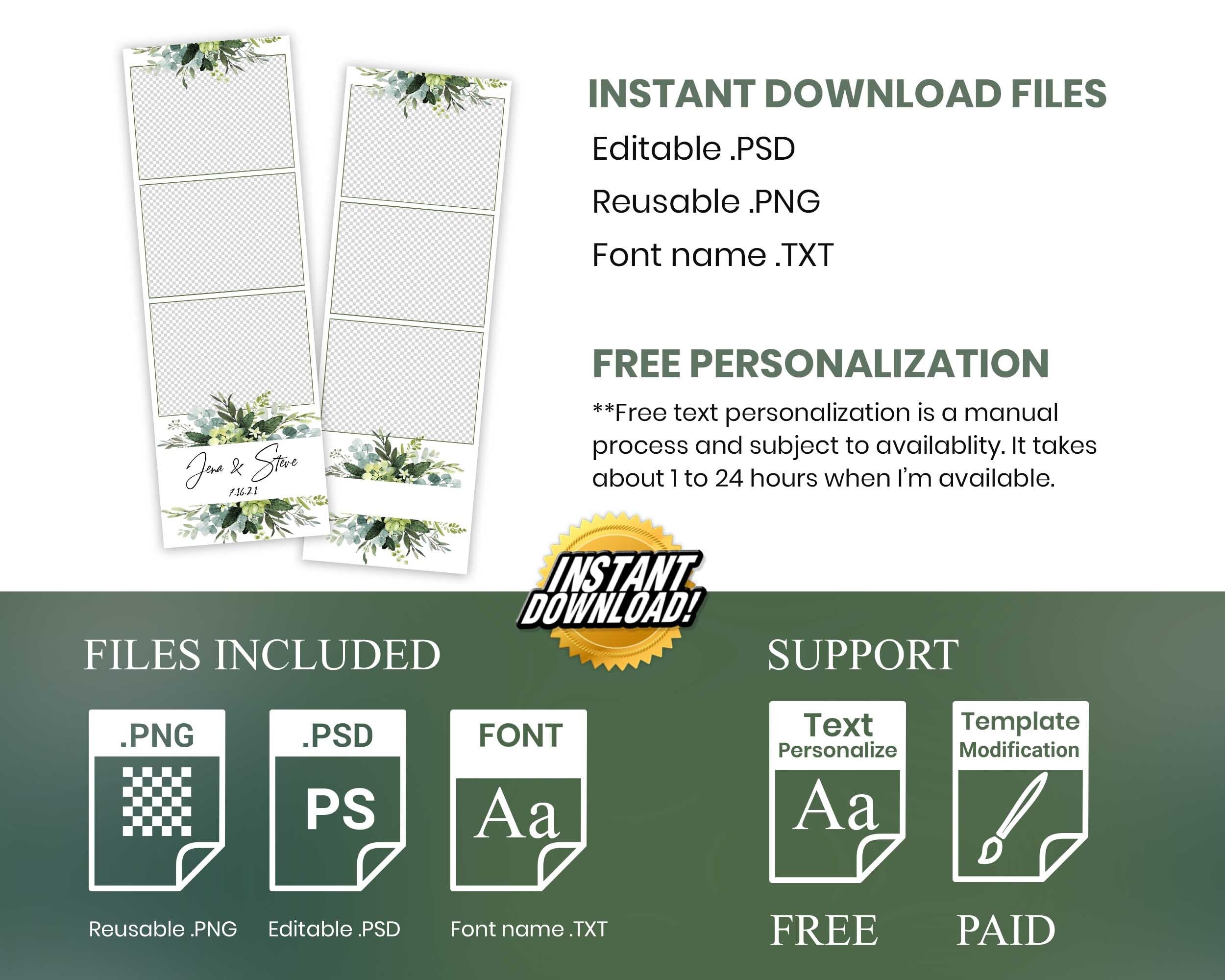 Wedding Bridal Shower green Photobooth Template Floral leaves Anniversary Photo Booth Template 2x6 photo strip botanic watercolor with fonts