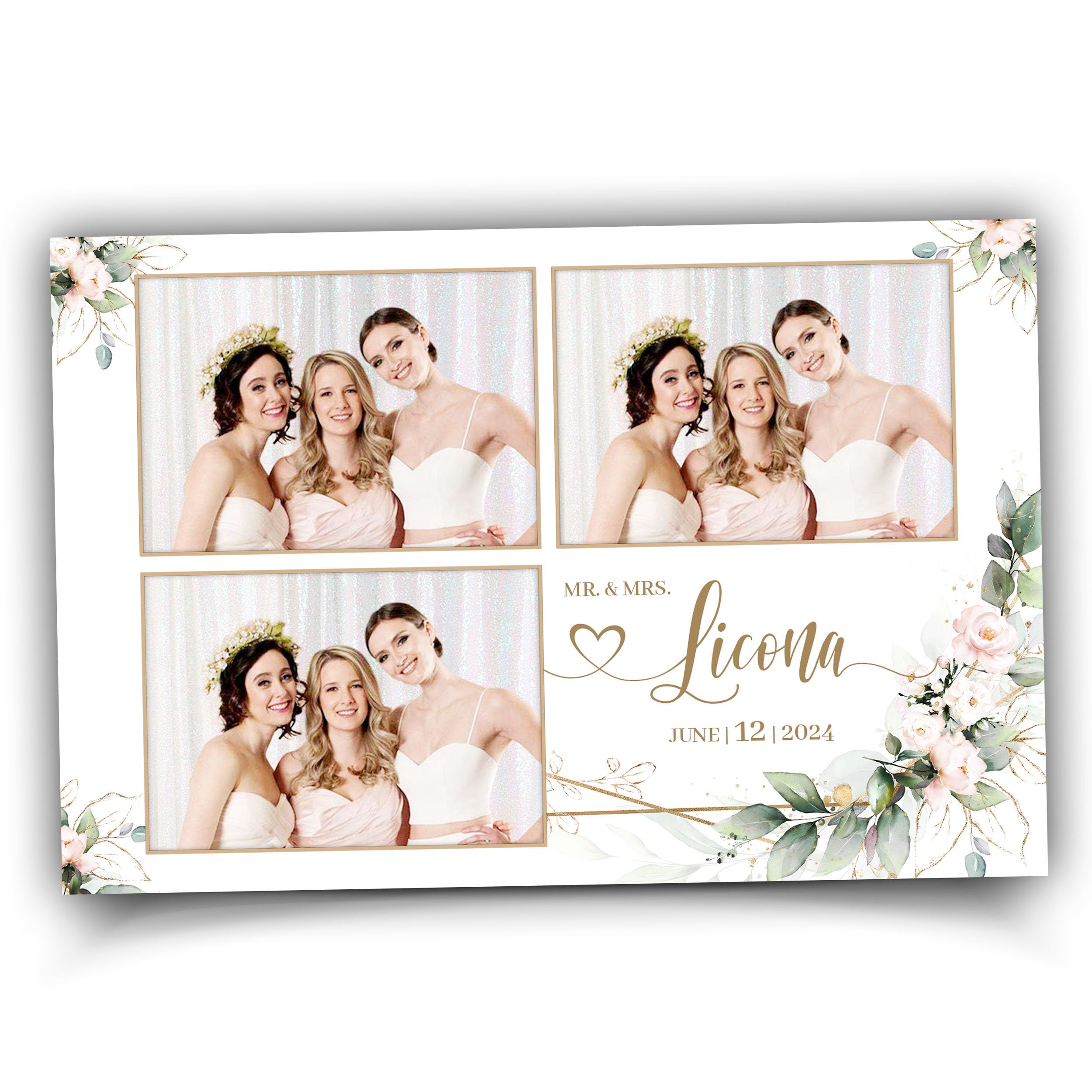 Wedding Photobooth template 4x6 with Floral blush pink flowers and greenery with gold triple photo Anniversary photo booth template TB683